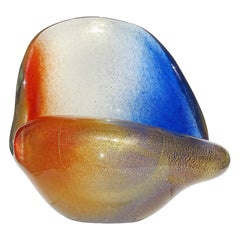 Ciotola scultura di conchiglia in vetro artistico Seguso Murano arancione blu a macchie d'oro