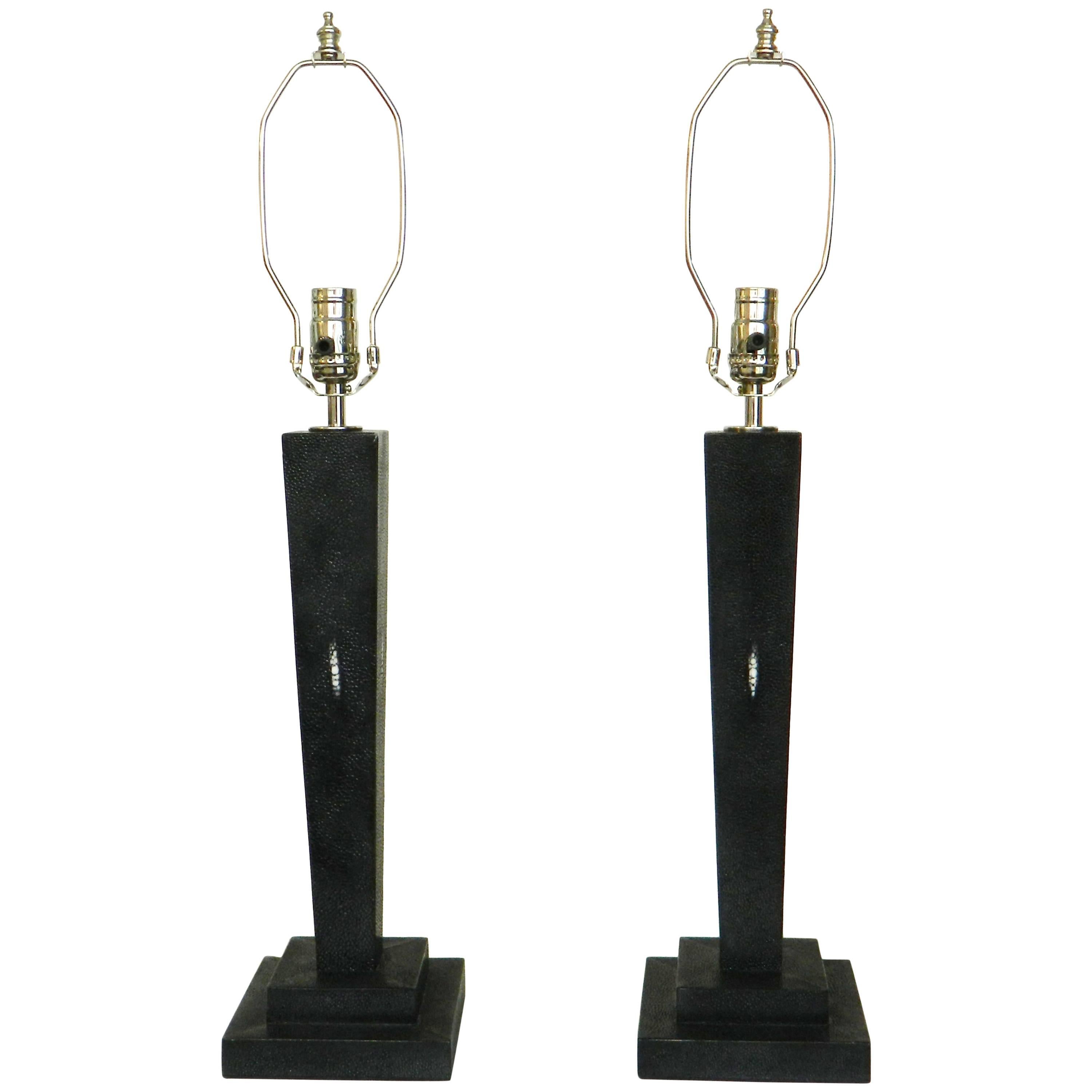 Pair of Tapered Column Black Shagreen Lamps For Sale