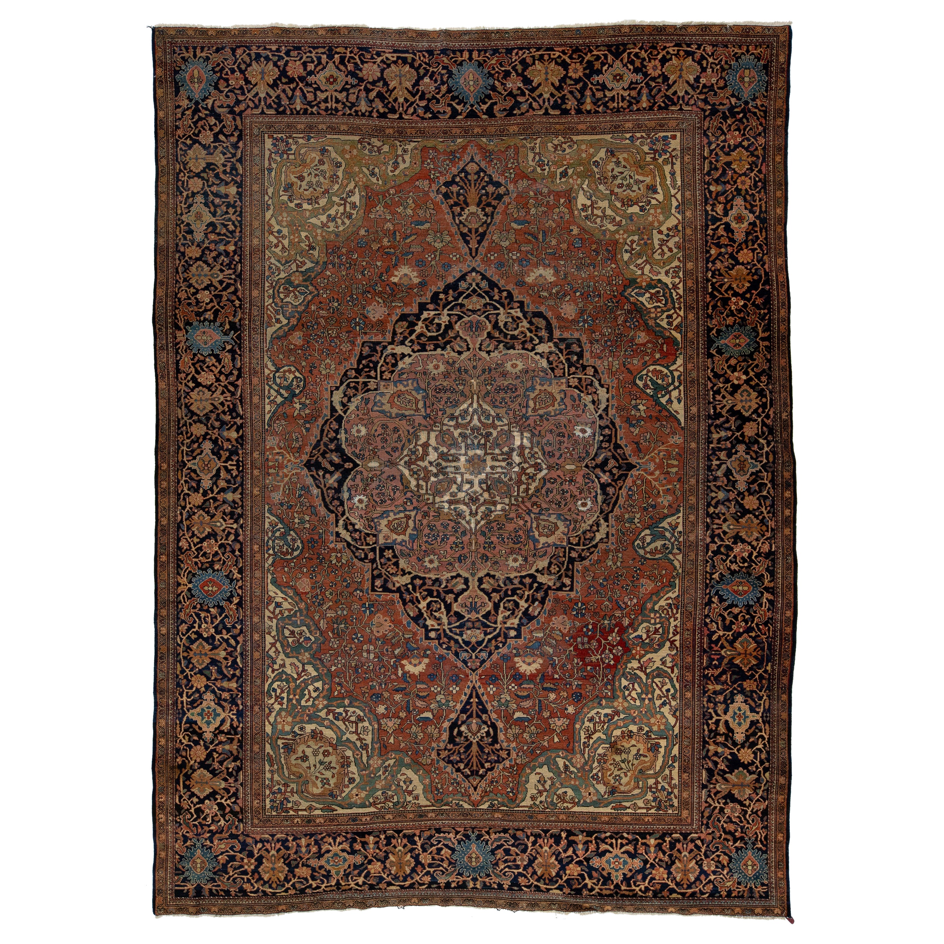 Ancien tapis persan Farahan en laine à médaillons fait à la main, rouge rouille