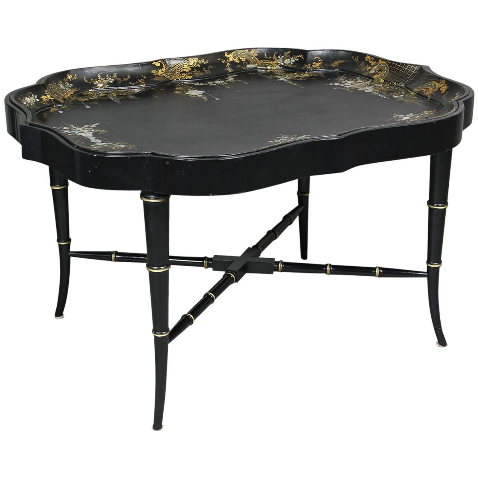 Victorian Papier Mache and Mother of Pearl Tray Table