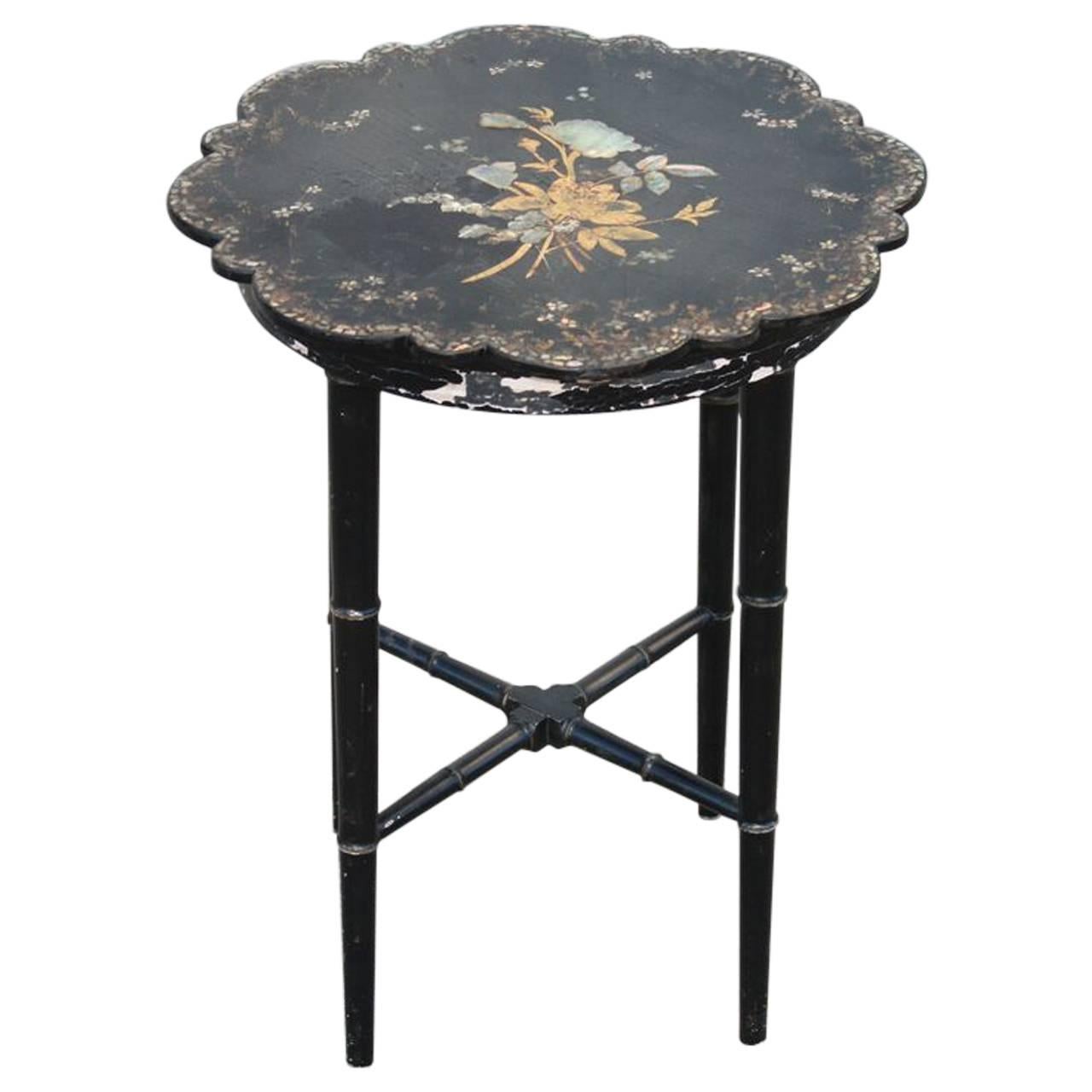 Small Chinoiserie Side Table or Stool Black Faux Bamboo Legs For Sale