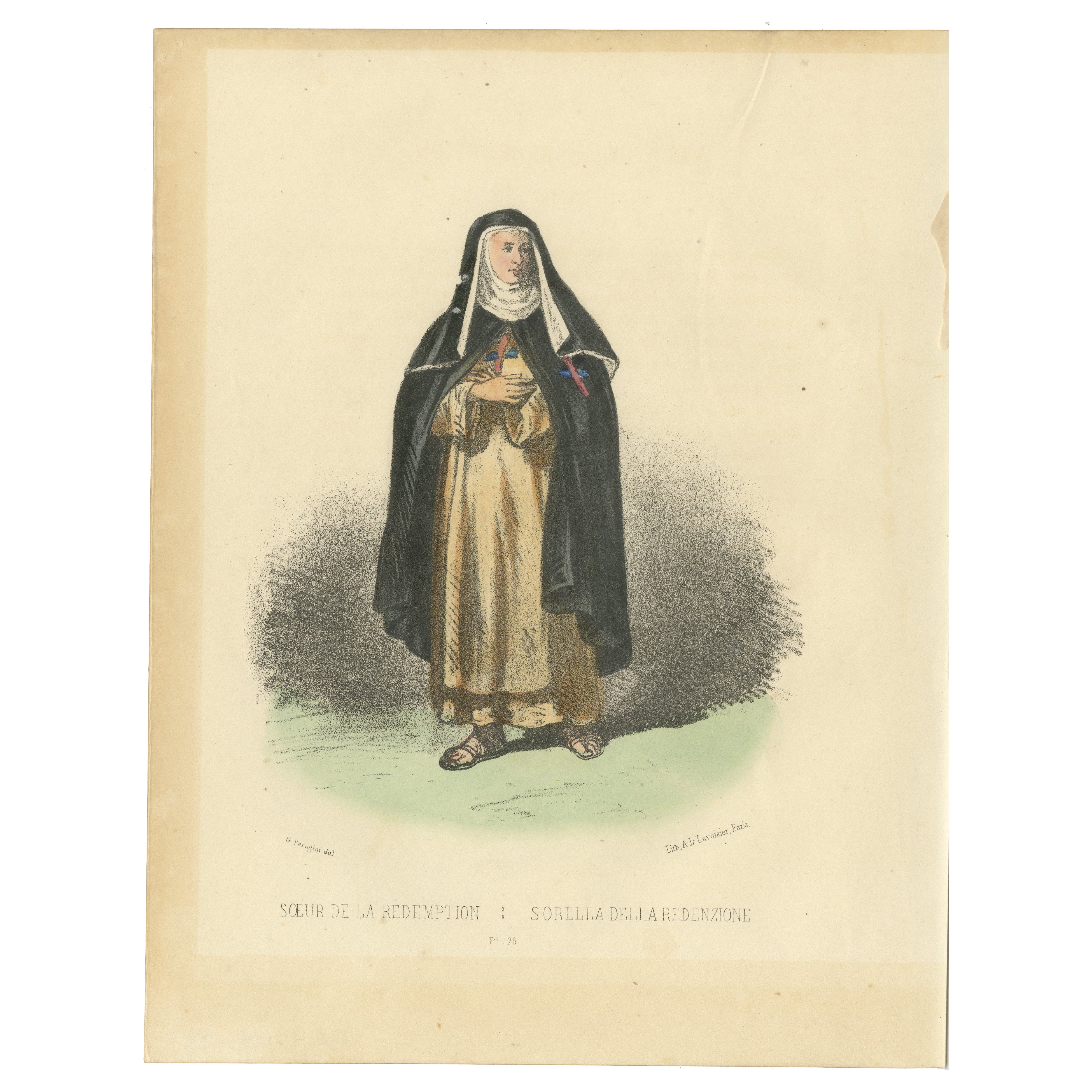 Sorella della Redenzione in abito tradizionale - Vibrante litografia del 1862 colorata a mano