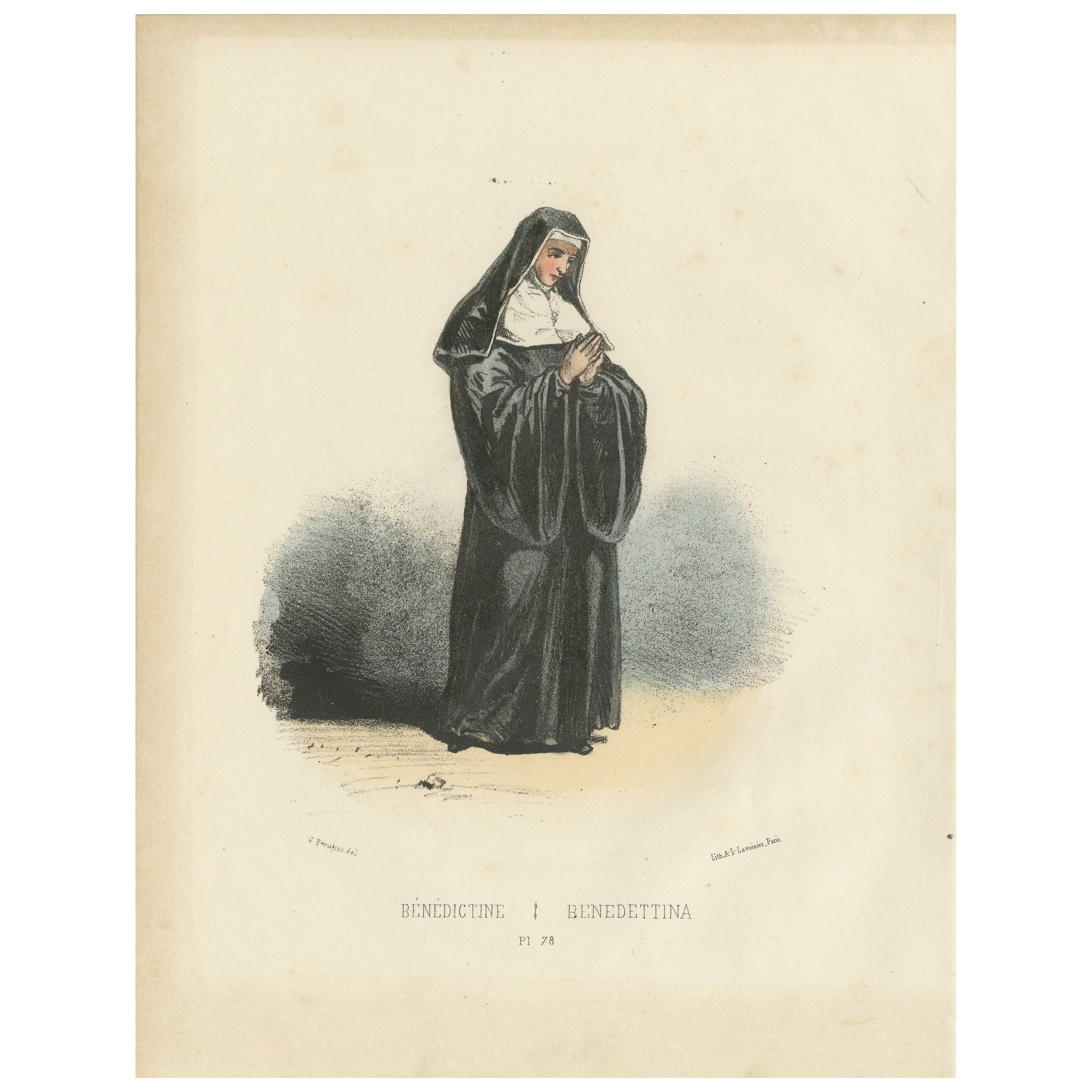 Serenidad meditativa: Grabado coloreado a mano de una monja benedictina, 1862