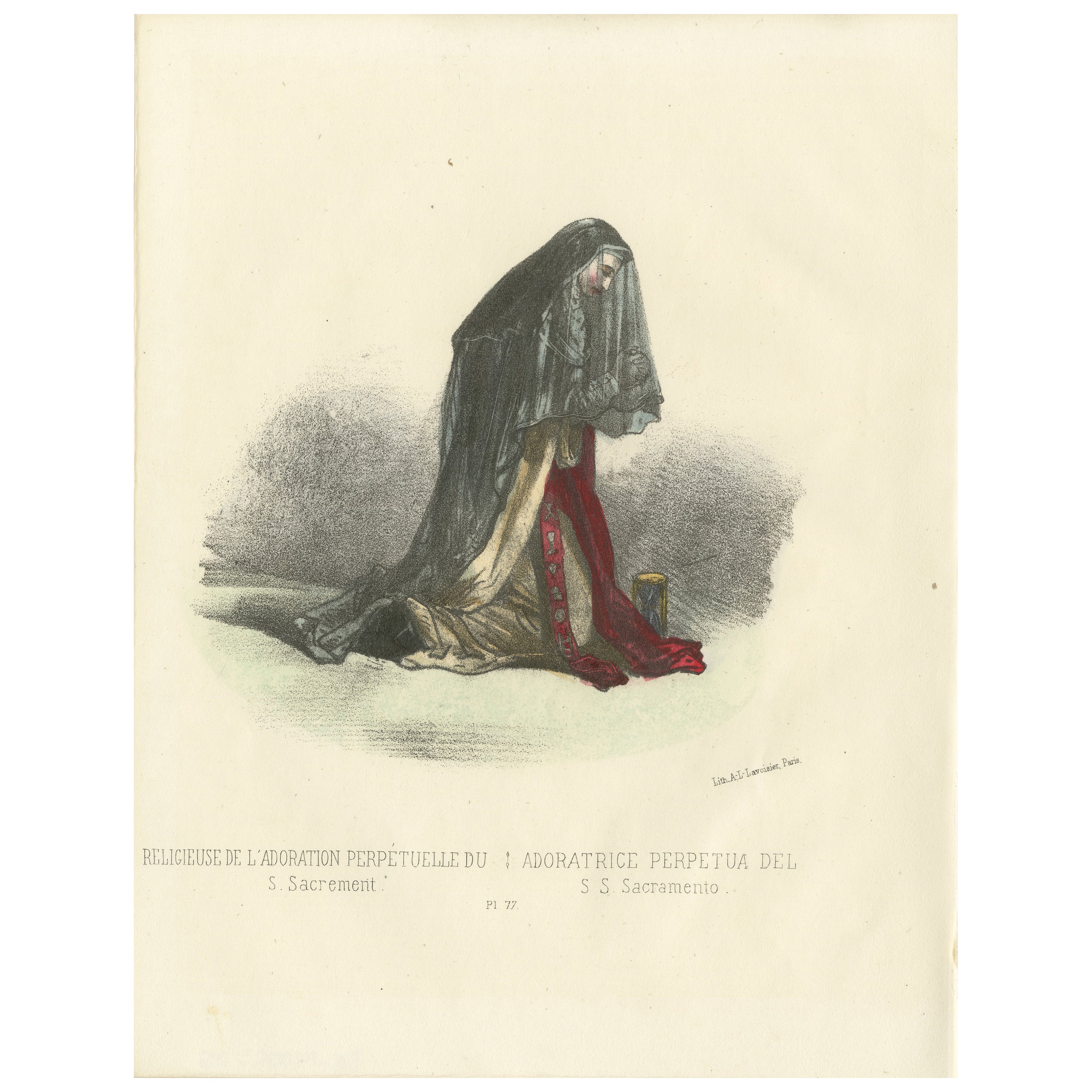 Devoción Eterna en la Oración: Estampa Religiosa Adoratriz coloreada a mano, Lámina 77, 1862