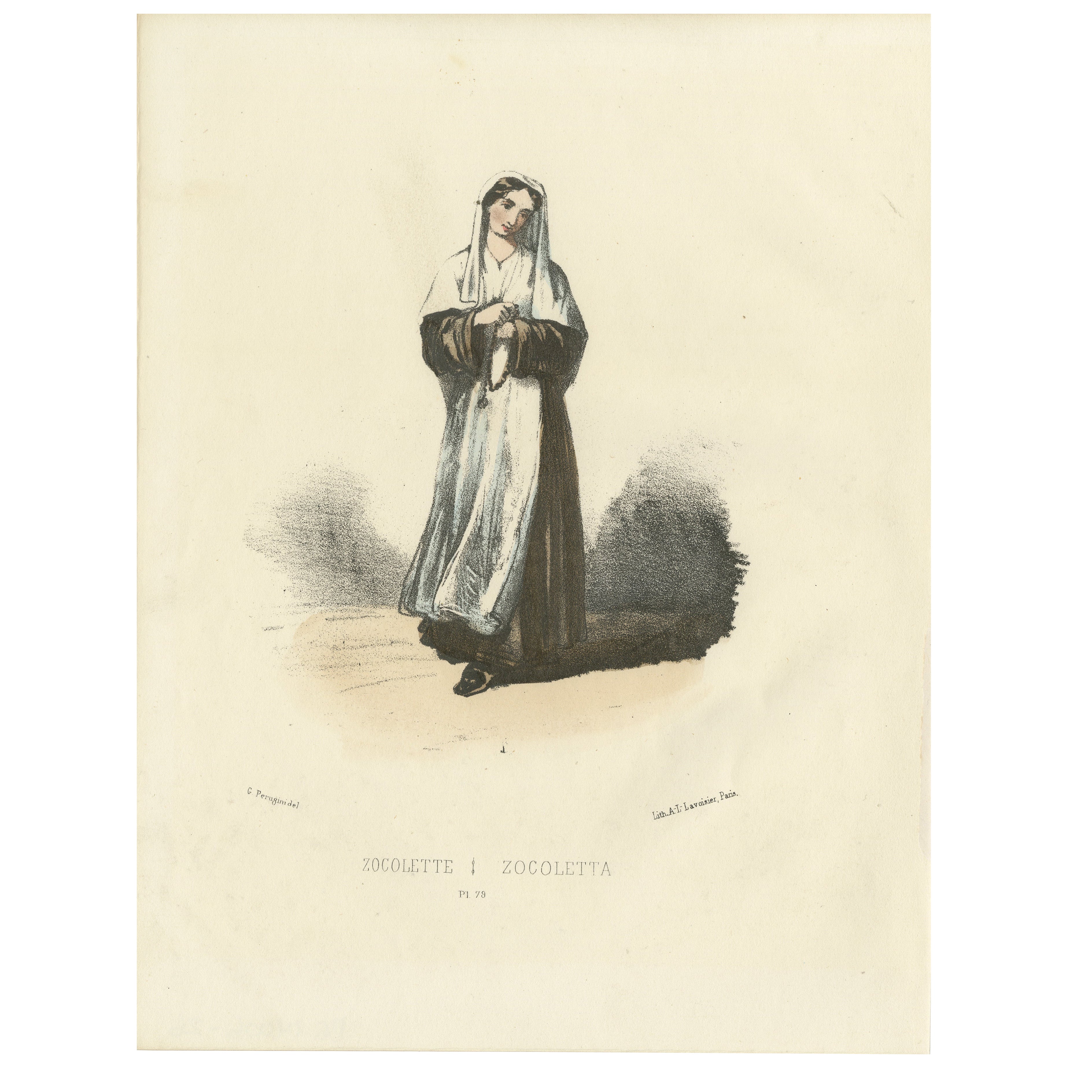 Grácil sencillez: Estampa coloreada a mano de una Monja Zocolette, Lámina 79, 1862