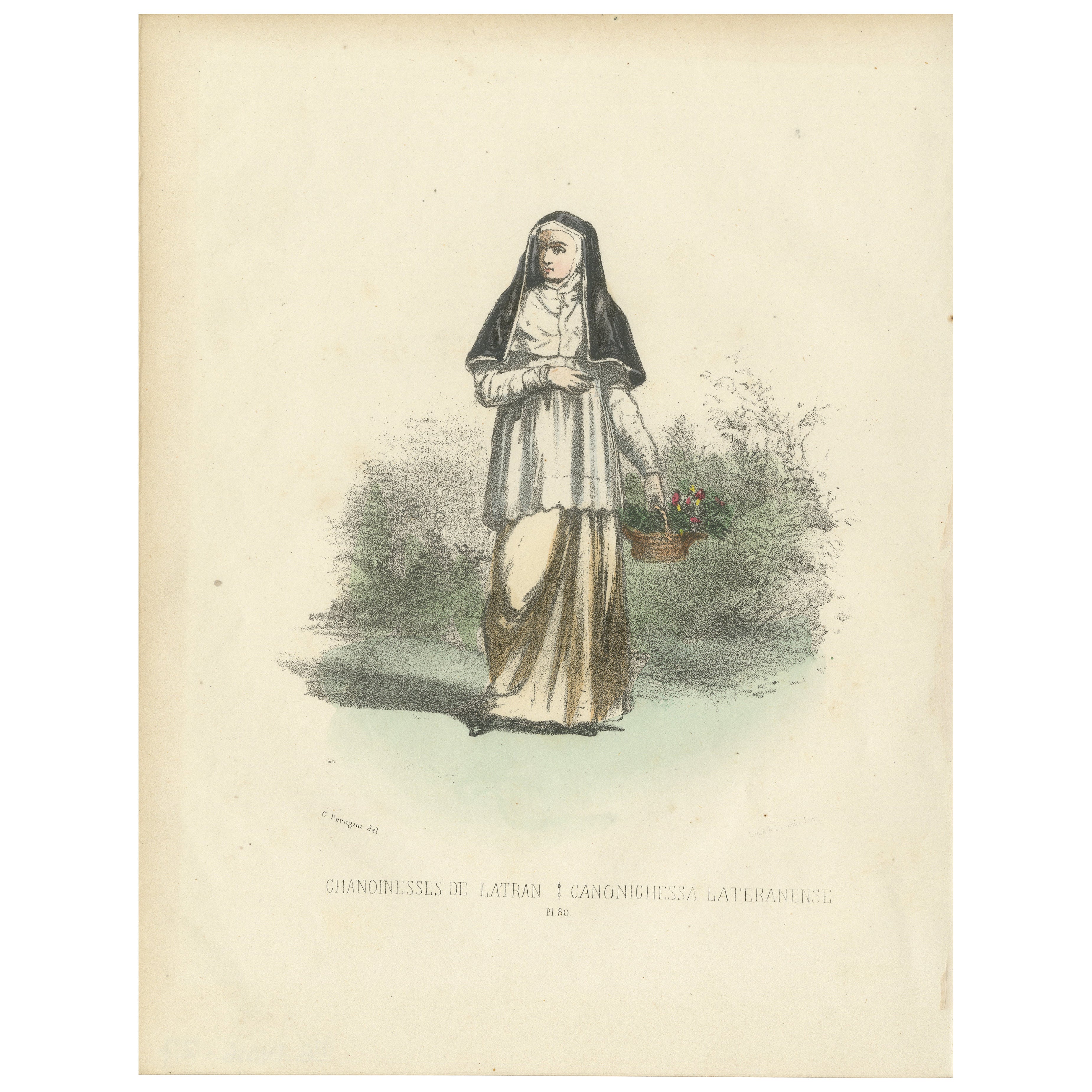 Blossoms of Faith: Handcolored Print of a Lateran Canoness, Plate 80, 1862