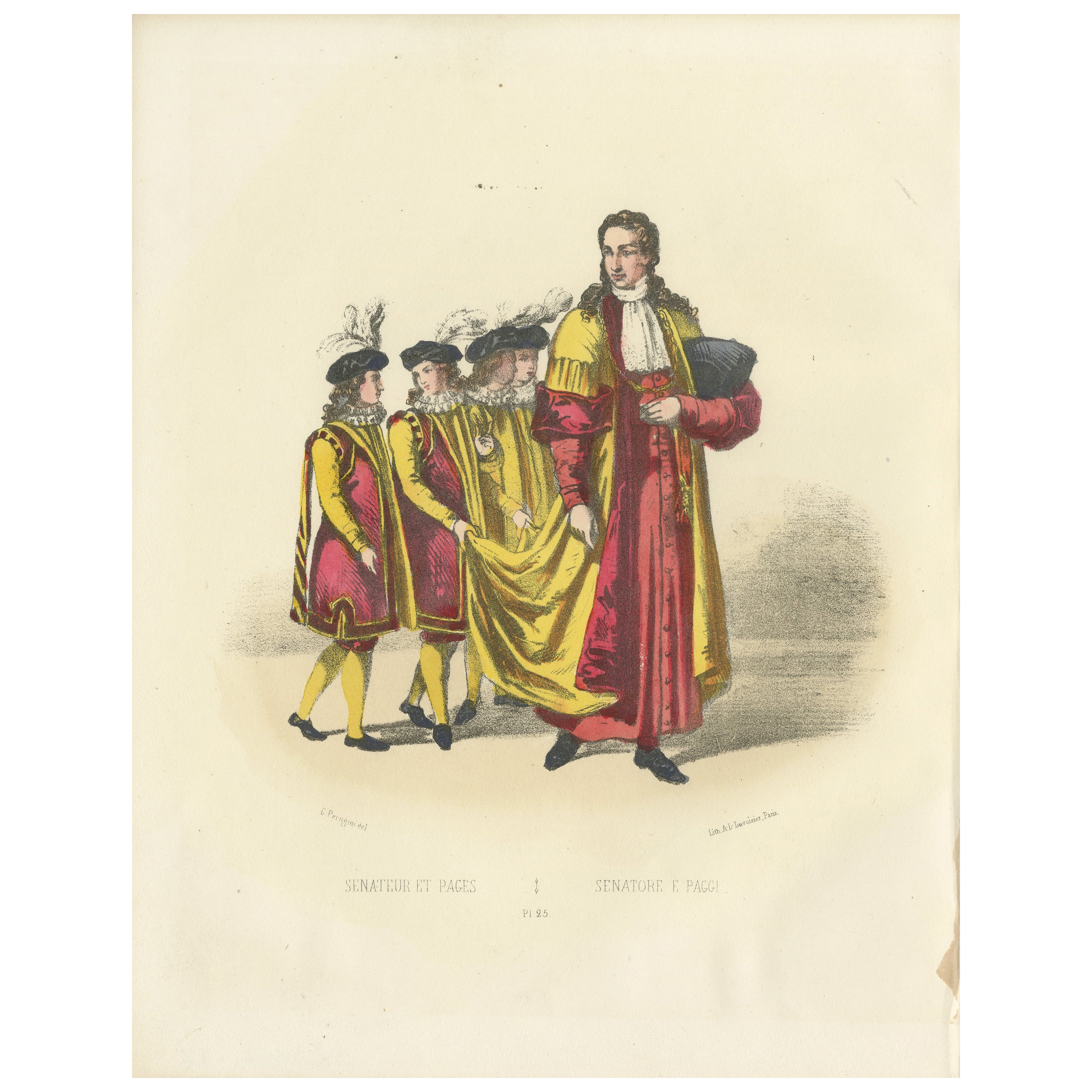 Elegance de l'autorité : gravure coloriée à la main d'un sénateur et de pages, planche 25, 1862