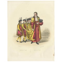 Elegance de l'autorité : gravure coloriée à la main d'un sénateur et de pages, planche 25, 1862