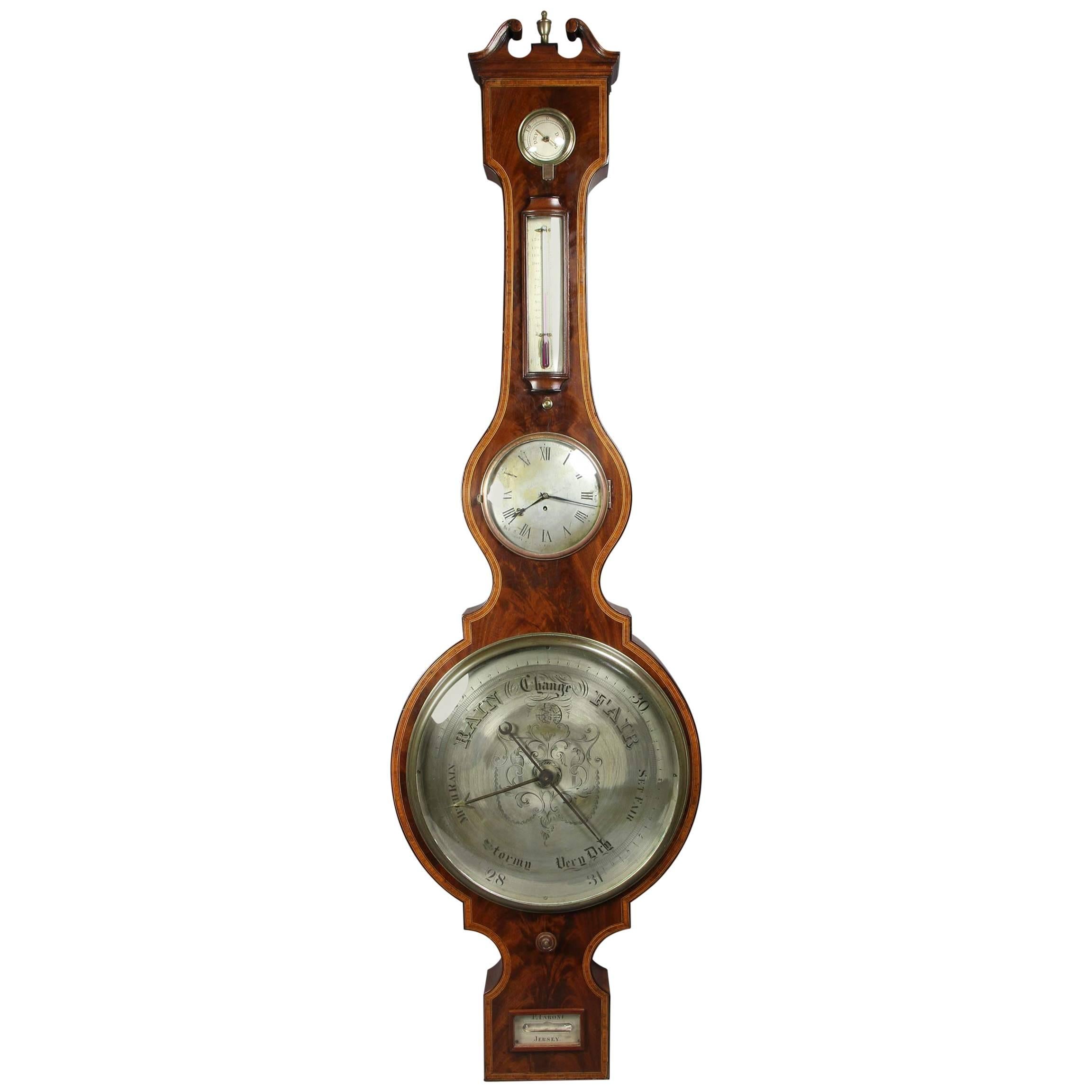 Regency Mahogany and Inlaid Barometer or Clock by P. Taroni, Jersey