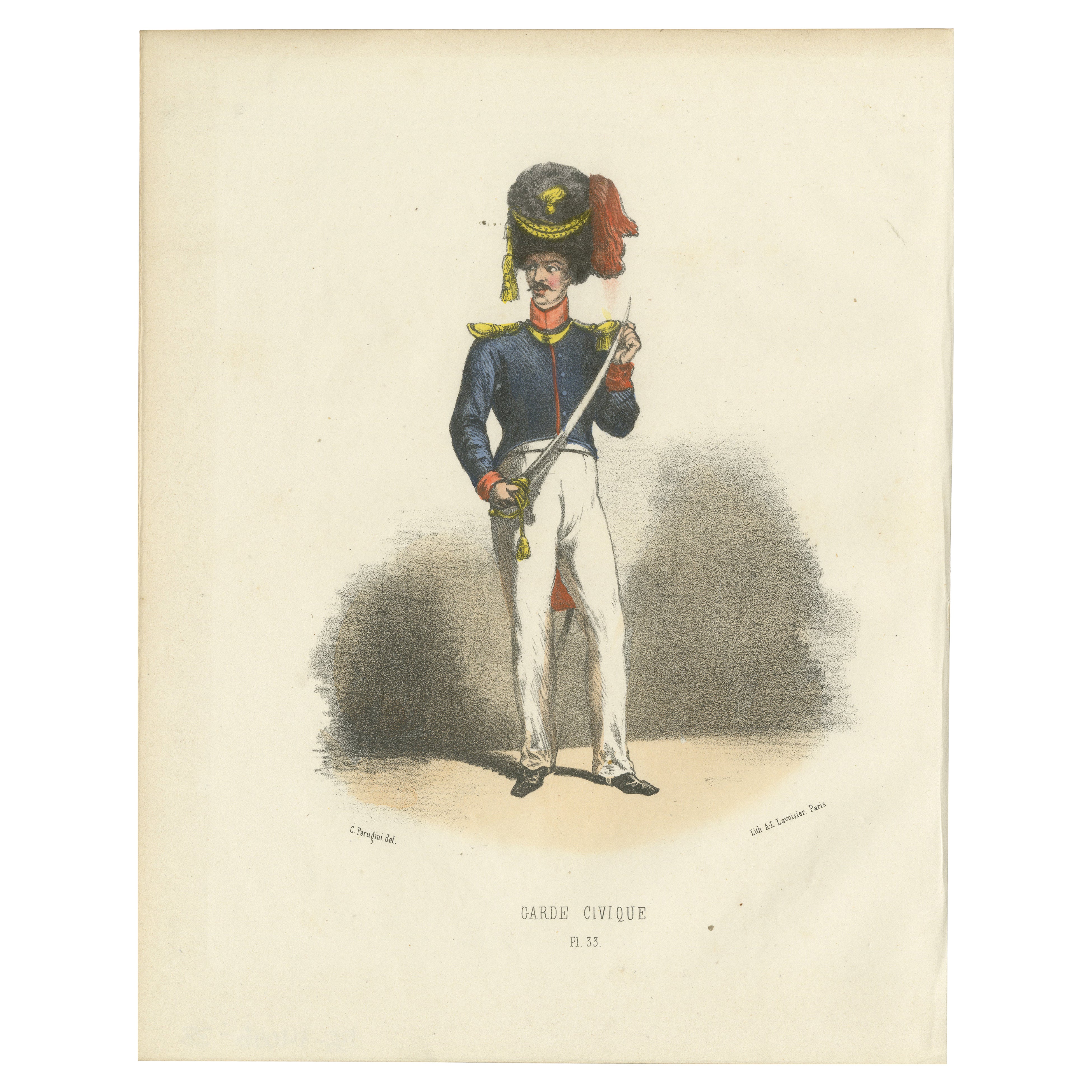 Civic Pride in Uniform: Handcolored Print of a Garde Civique Officer, 1862