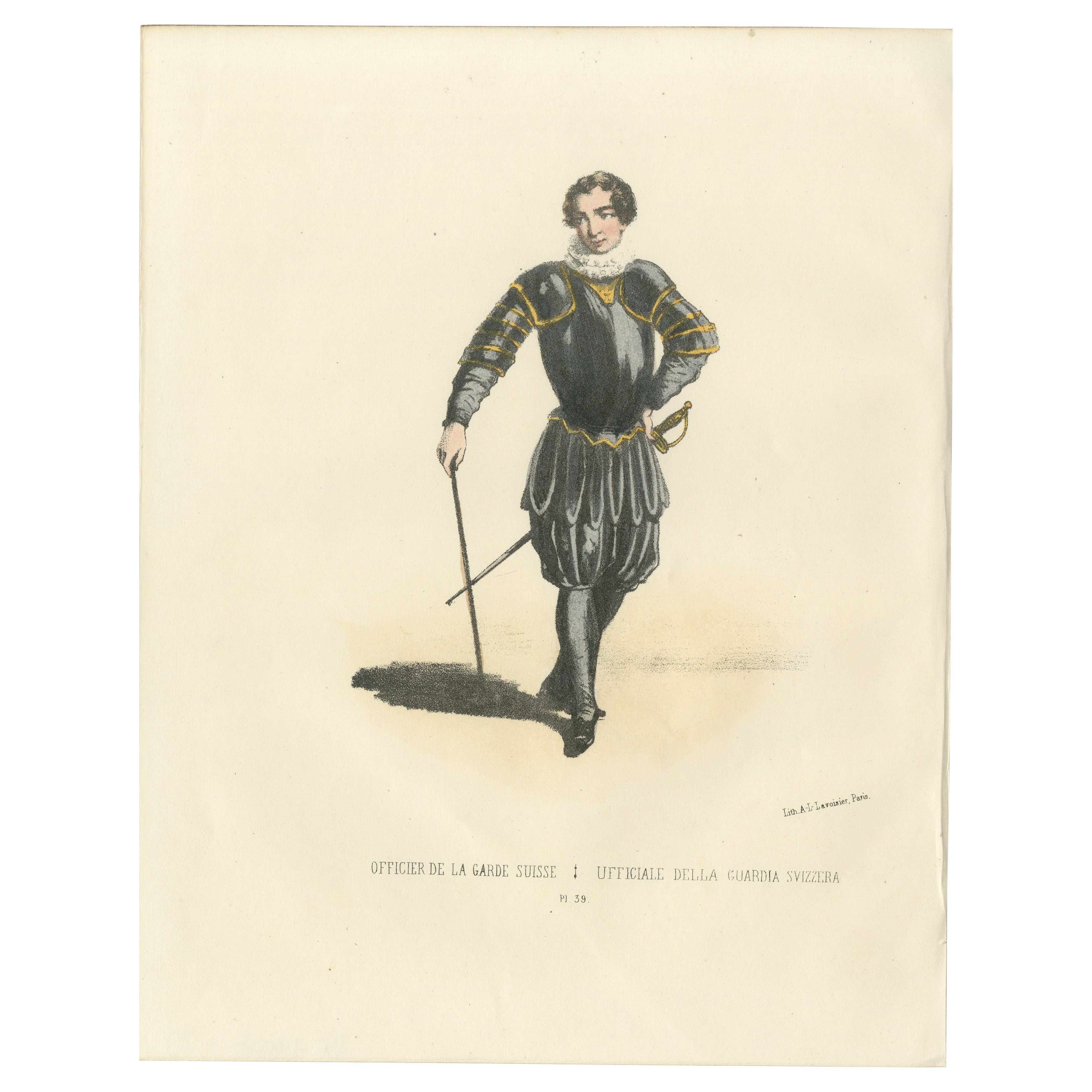 Timeless Authority: Handcolored Print of a Swiss Guard Officer, Plate 39, 1862
