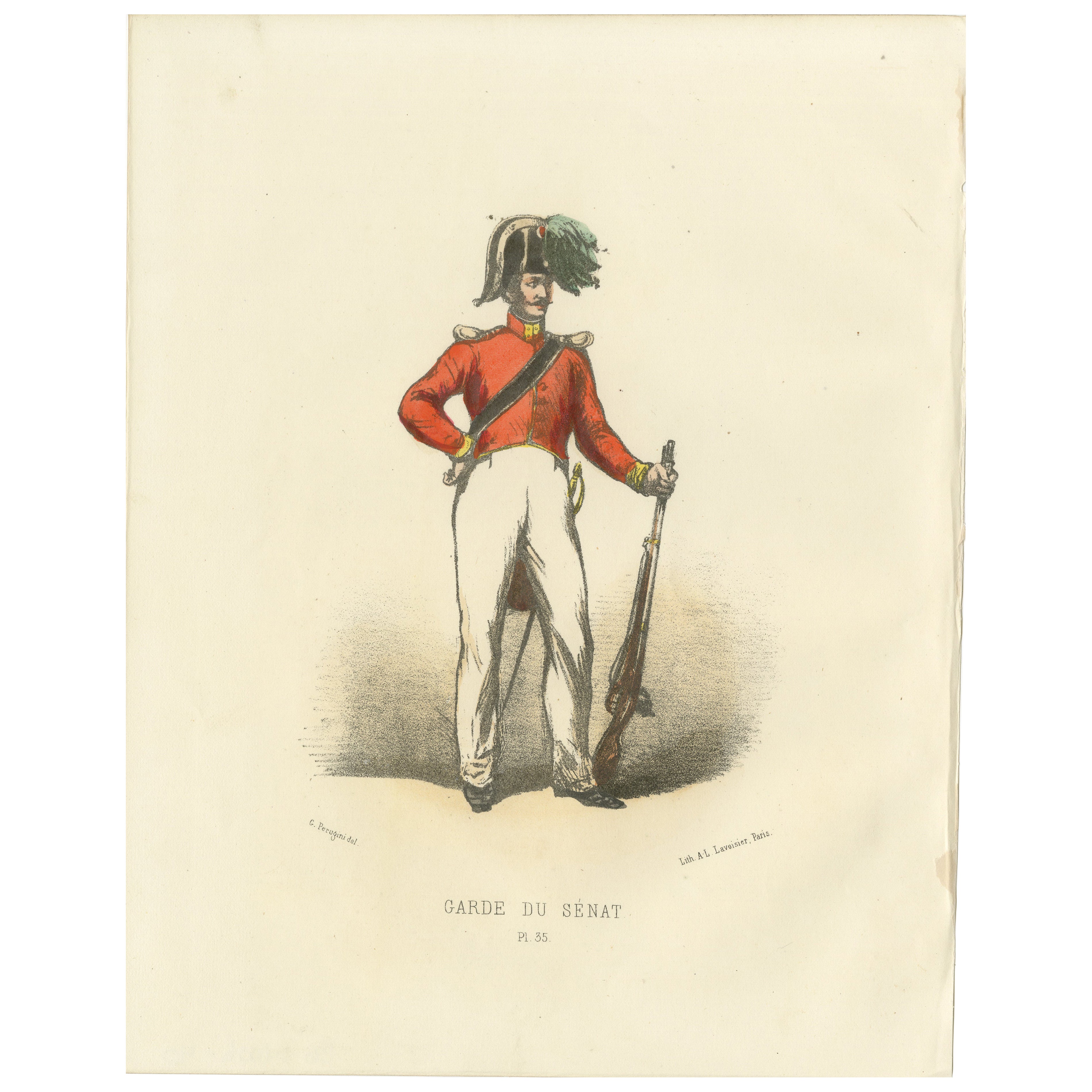 Resuelto Protector: Grabado coloreado a mano de un guardia del Senado, Lámina 35, 1862