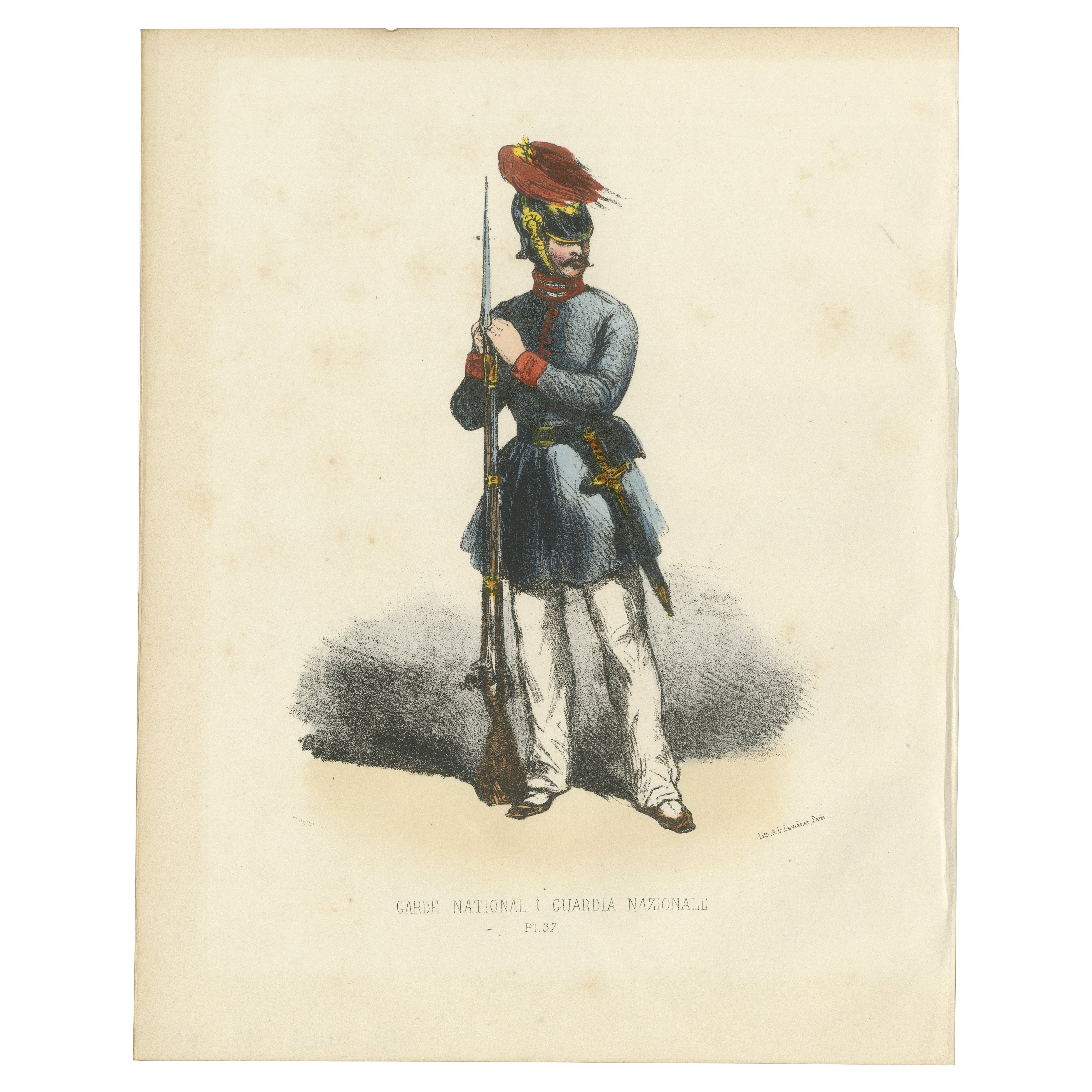 Guardián del Orden: Grabado coloreado a mano de una Guardia Nacional, Lámina 37, 1862