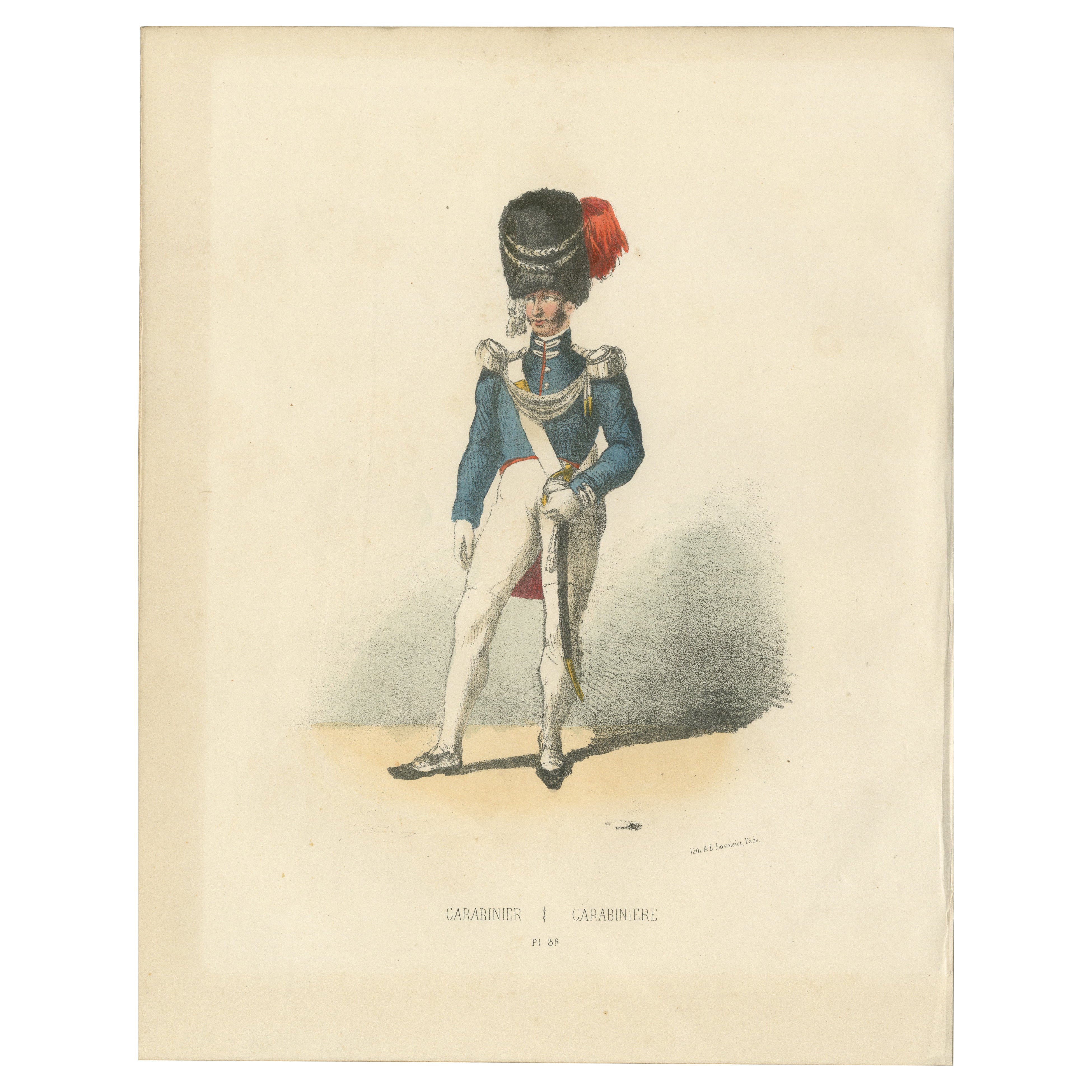 Elegancia en el deber: Grabado coloreado a mano de un carabinero, Lámina 36, 1862