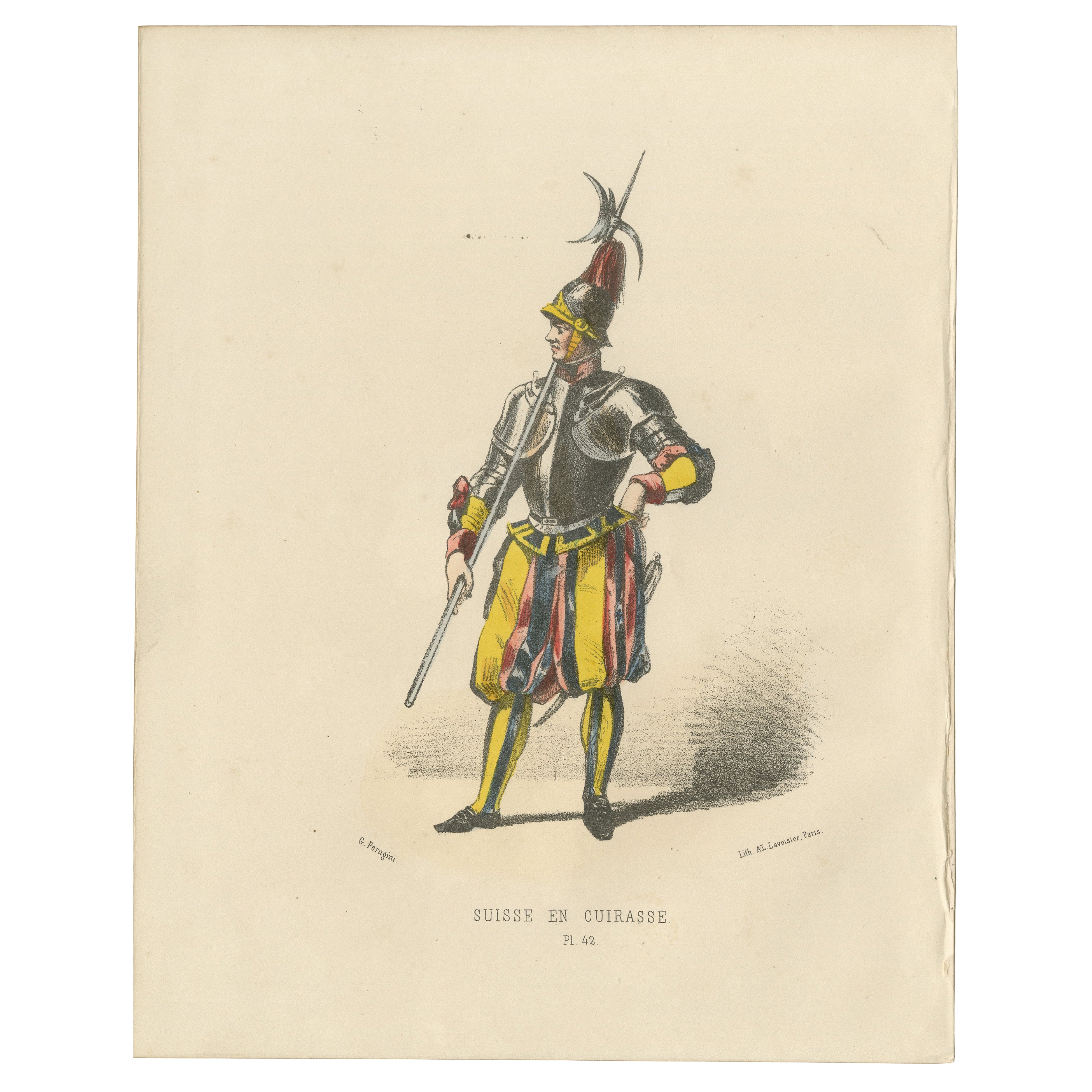 Guardia svizzera in corazza: Stampa colorata a mano di un'armatura da cerimonia, lastra 42, 1862 in vendita