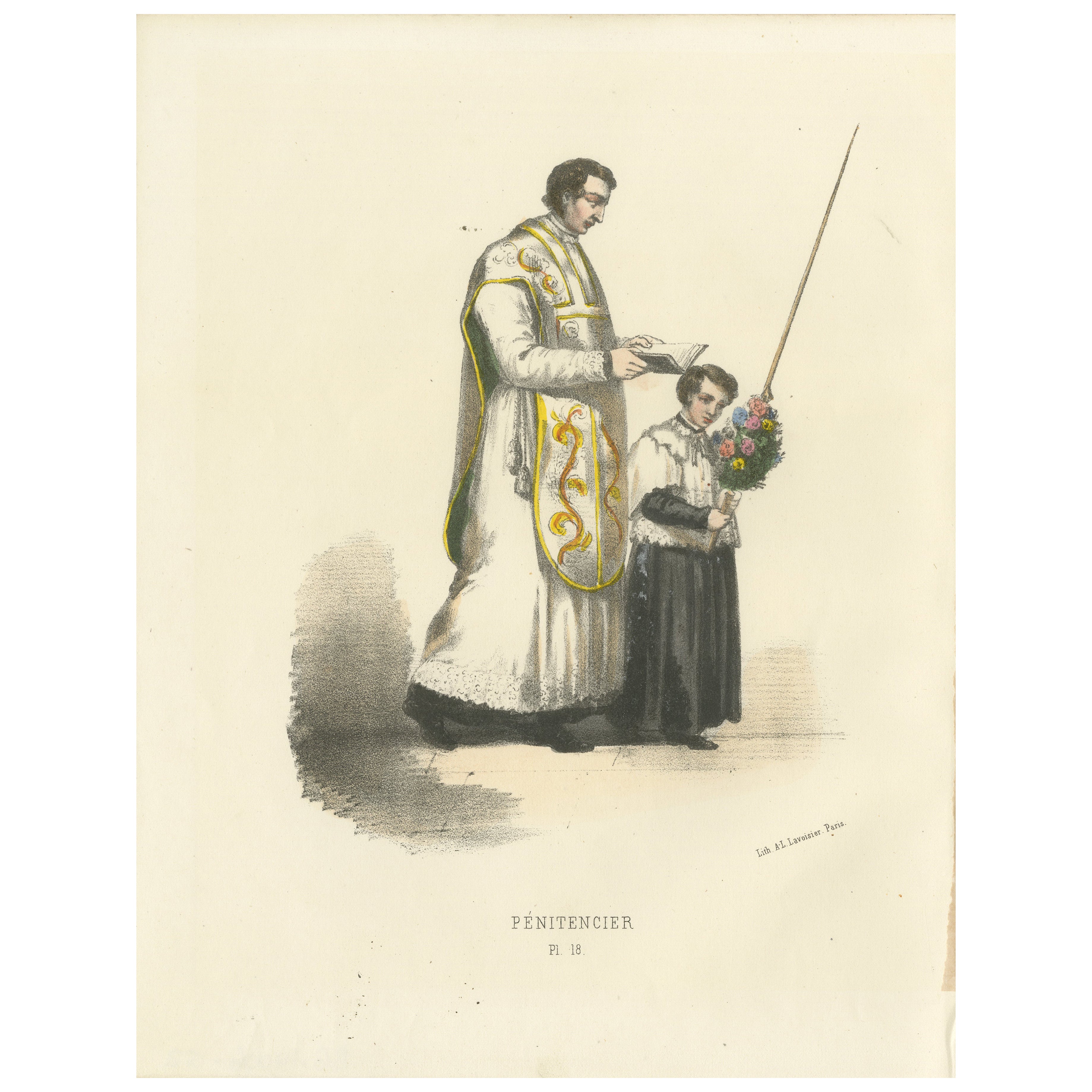 Pénitencier: Grabado coloreado a mano de una Confesora con Acólito, Lámina 18, 1862