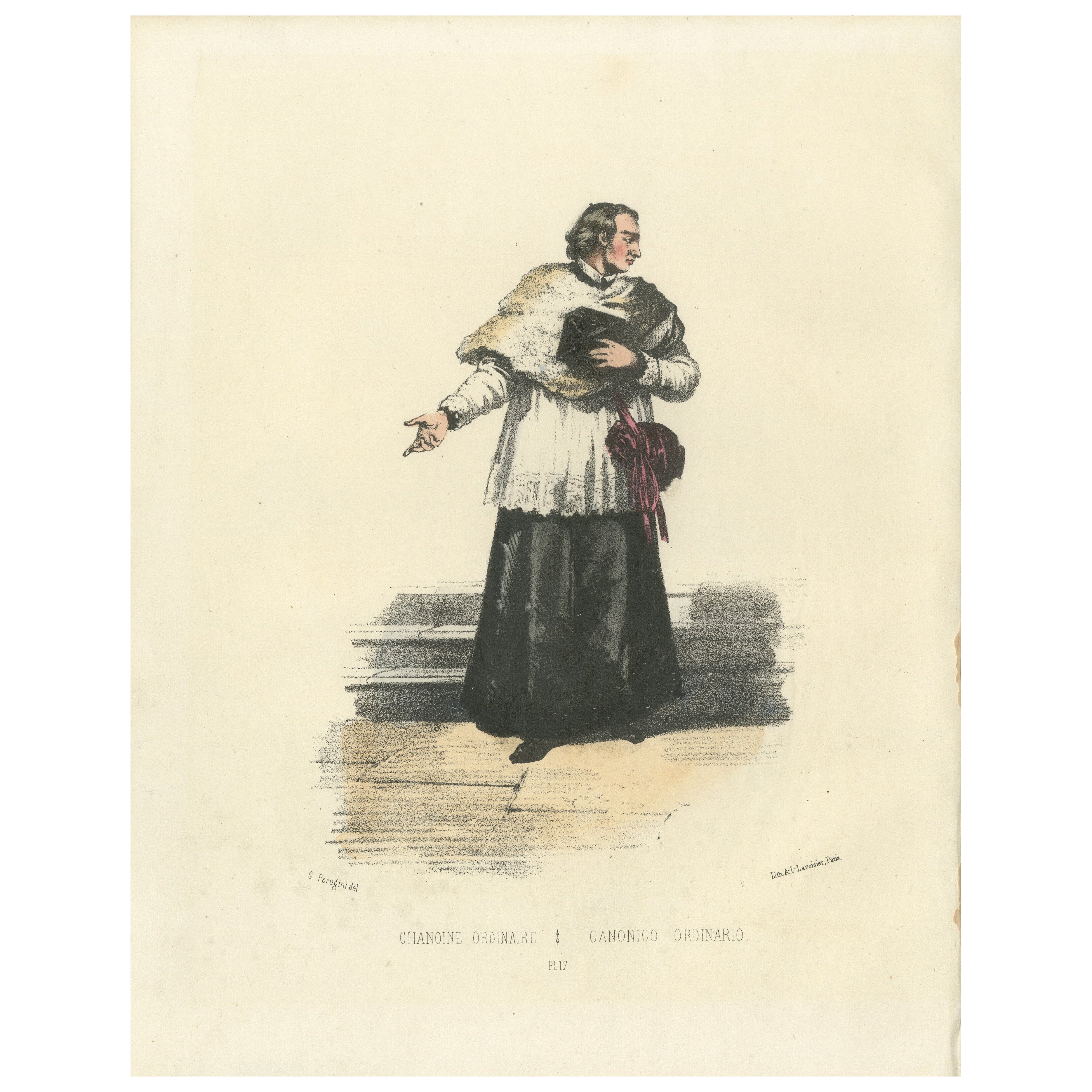 Handcolored Lithograph of Chanoine Ordinaire (Ordinary Canon), Plate 17, 1862 For Sale