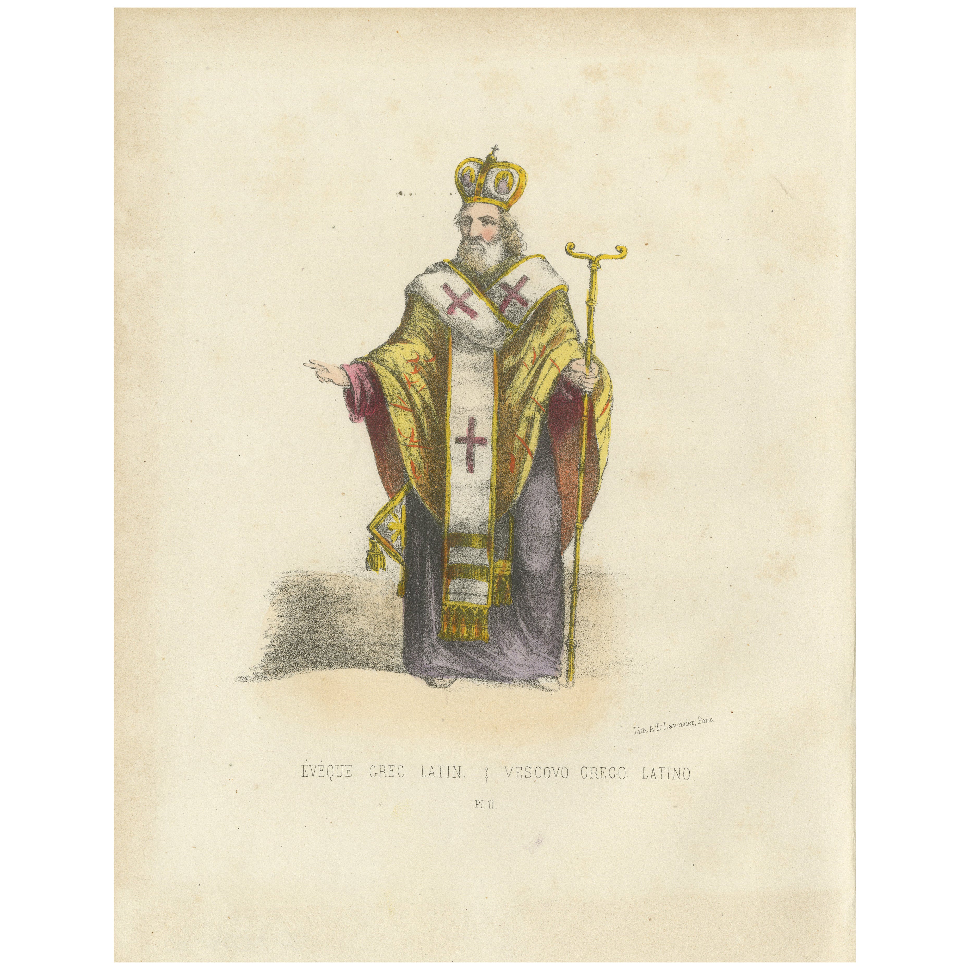 Handcolored Lithograph of Évêque Grec Latin (Greek Latin Bishop), Plate 11, 1862