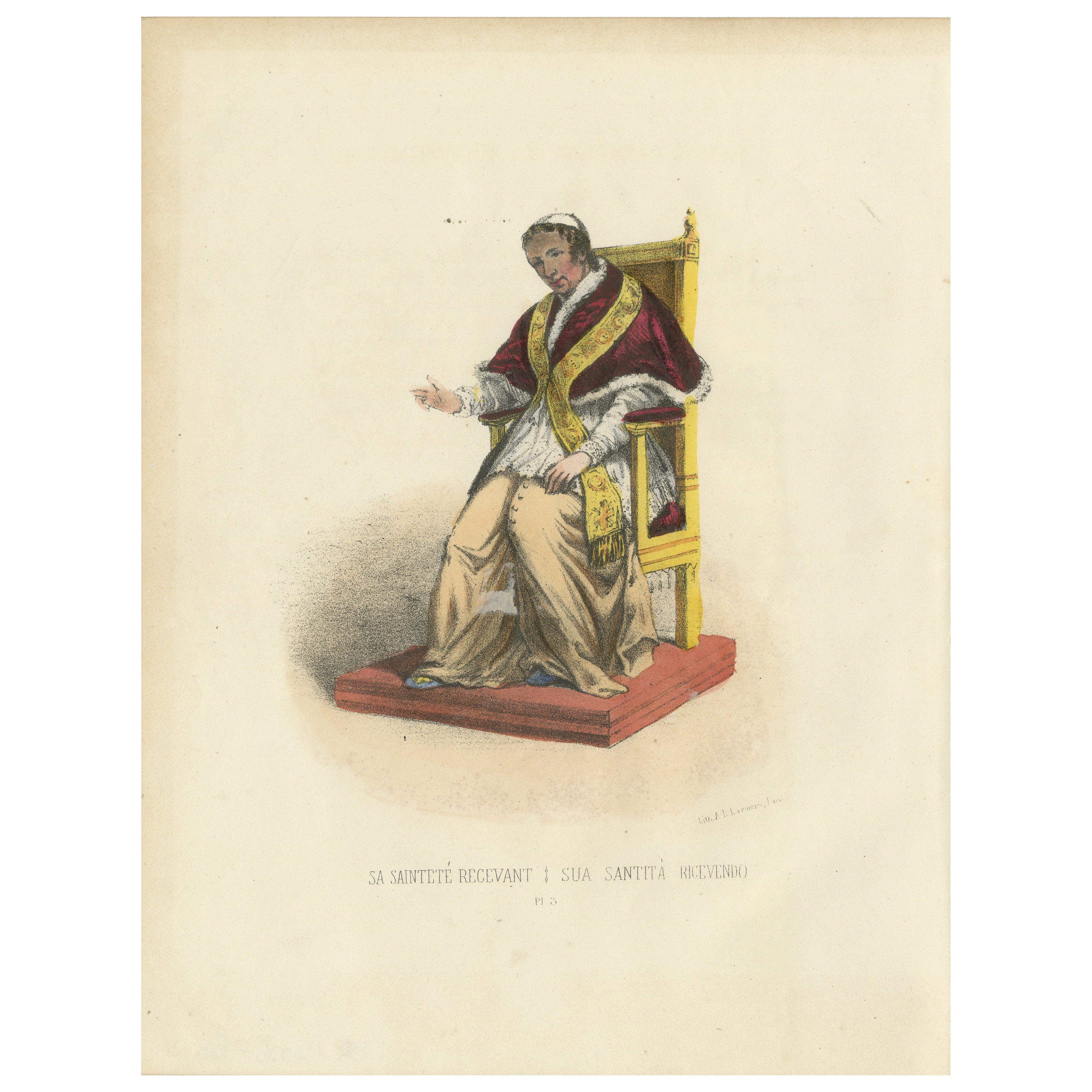 Hand-colored Lithograph, Sa Sainteté Recevant (His Holiness Receiving), 1862 For Sale