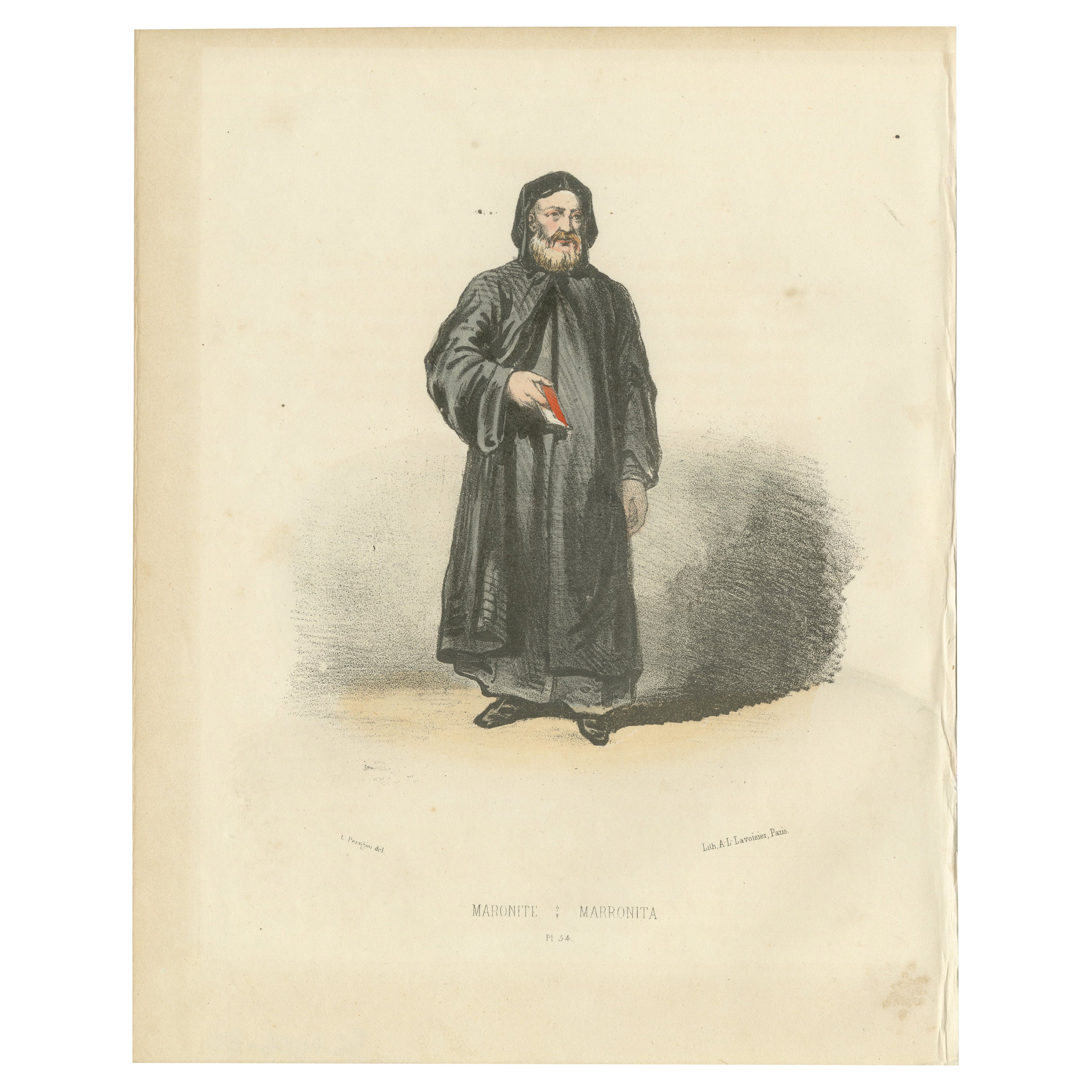 Antique Lithograph of a Maronite Priest: Custodian of Tradition and Faith, 1862 For Sale