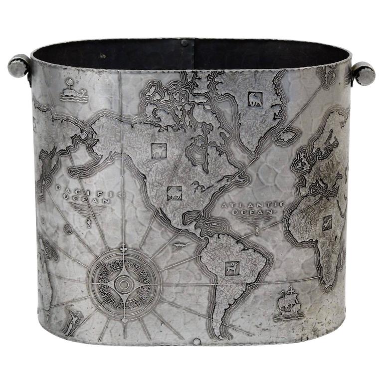 Arthur Armour Hammered Aluminum Map of the World Waste Basket at 1stdibs