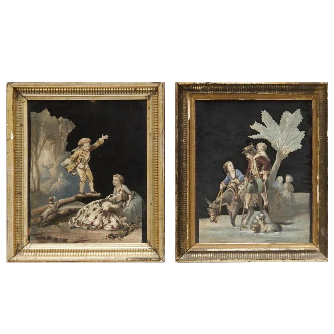 Siglo XIX Francia Pareja Técnica Mixta Oropel Impresión Collages Marco Dorado en venta