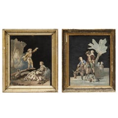 19th Century France Pair Mixed Media Tinsel Print Collages Gilt Frame