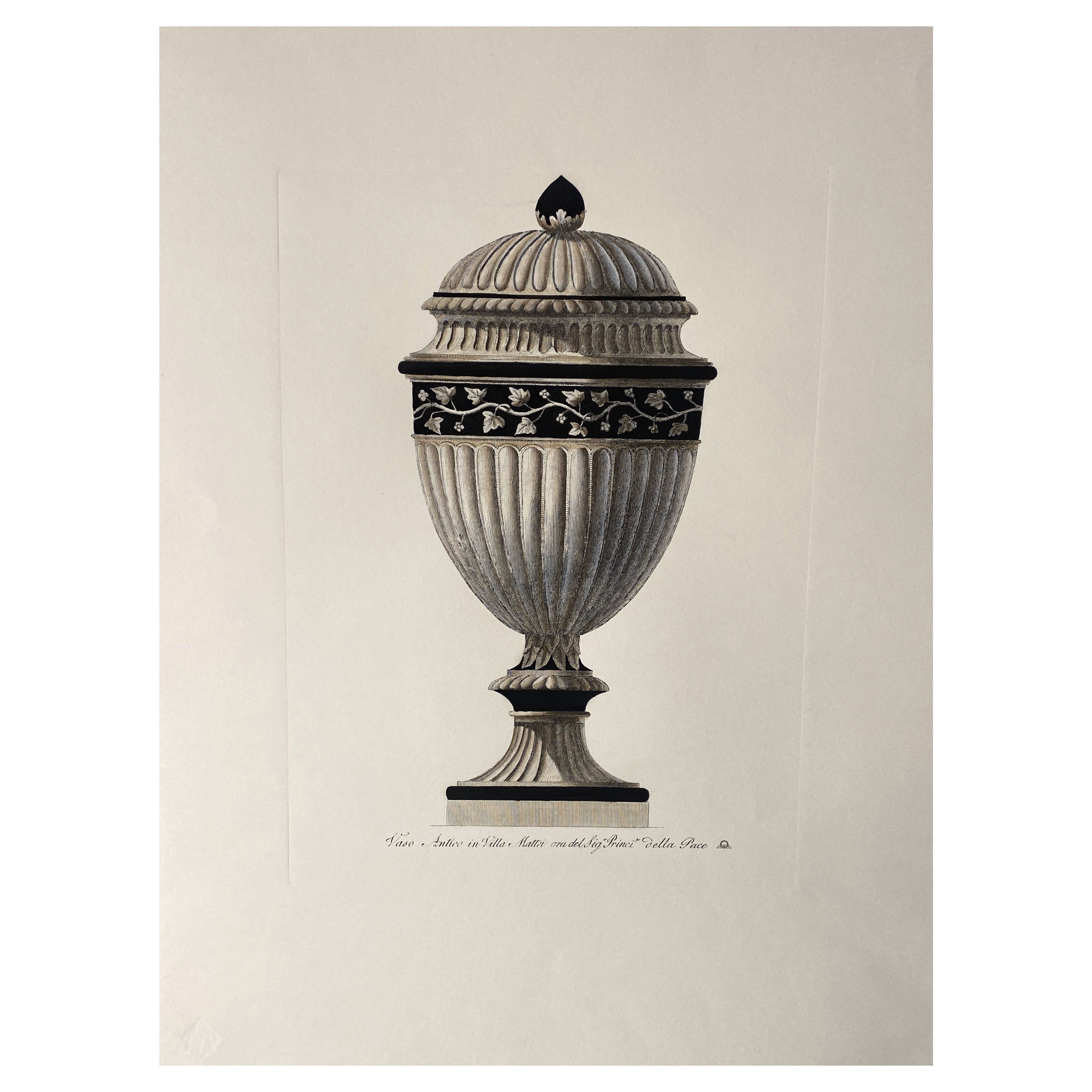 Italian Contemporary Hand Colored Deep Black Antique Vase Print 3 of 4 For Sale