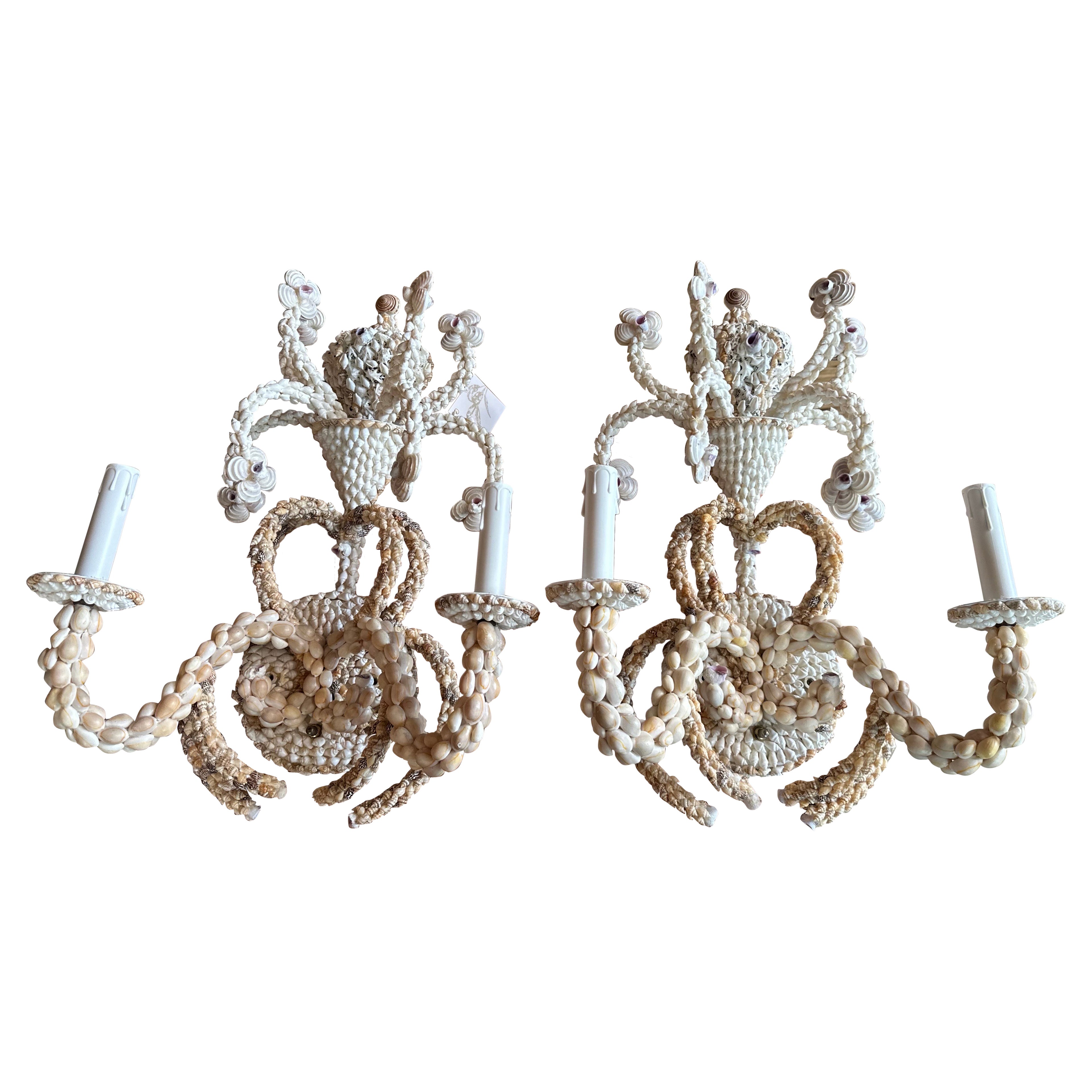 Vintage Palm Beach Pair of Seashell Shell Encrusted Sconce Wall Lights