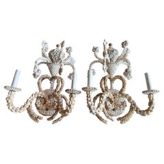 Vintage Palm Beach Pair of Seashell Shell Encrusted Sconce Wall Lights