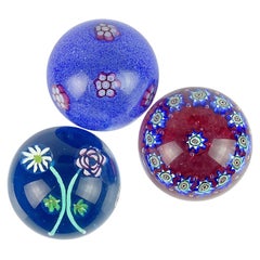 Fratelli Toso Murano Blue Millefiori Flower Italian Art Glass Paperweights