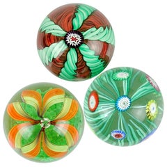 Toso Murano Green Orange Millefiori Flower Italian Art Glass Paperweights