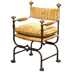 19th Century Italian Wrought Iron Campaign Armchair with Bronze Finials