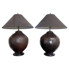 Large Antique Black-Glazed Clay Jar Lamps, Pair