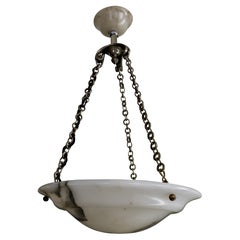 Antique French Art Deco White Alabaster with Dark Veins Pendant Light, ca 1920