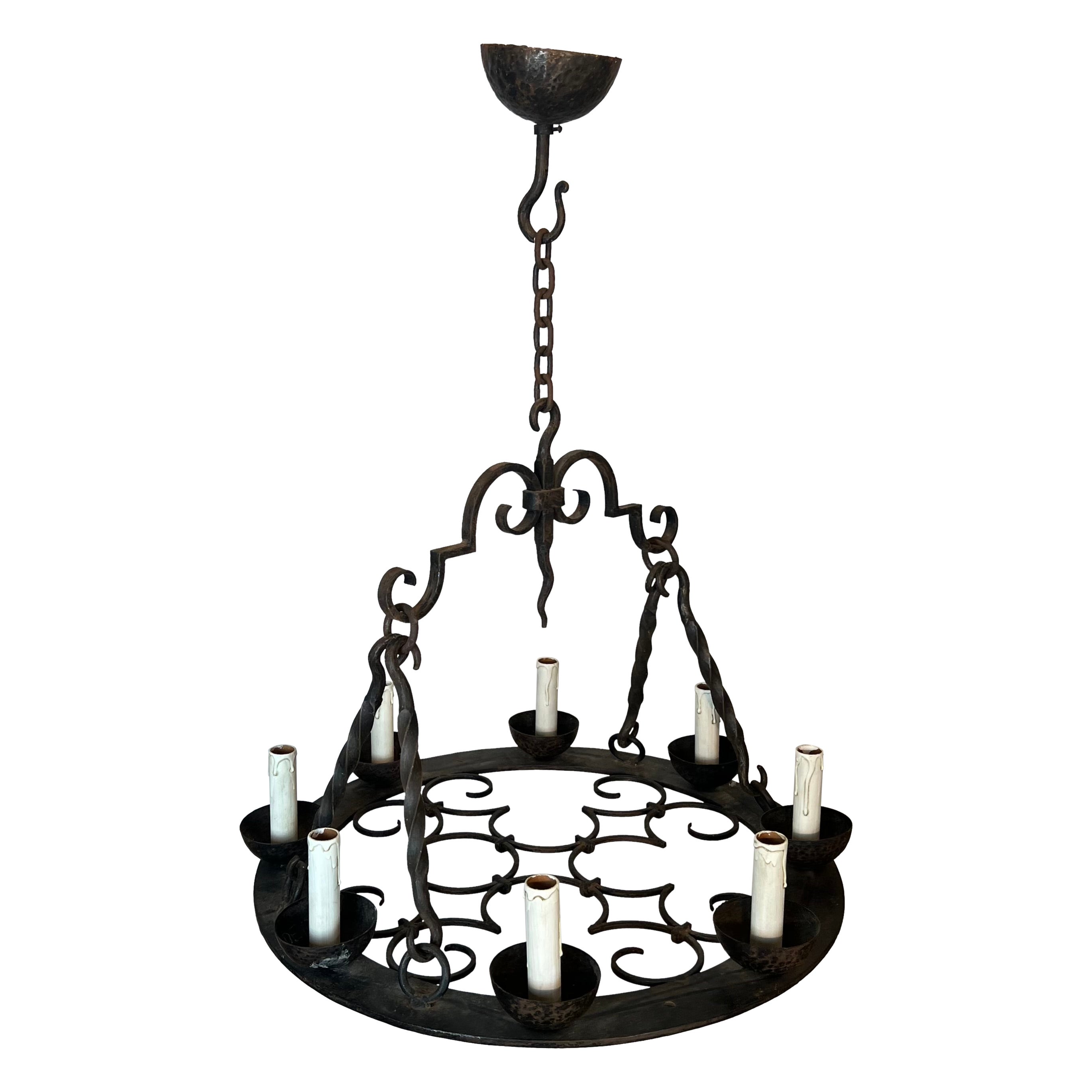 Round Wrought Iron Chandelier with 8 Lights in the Gothic Style
