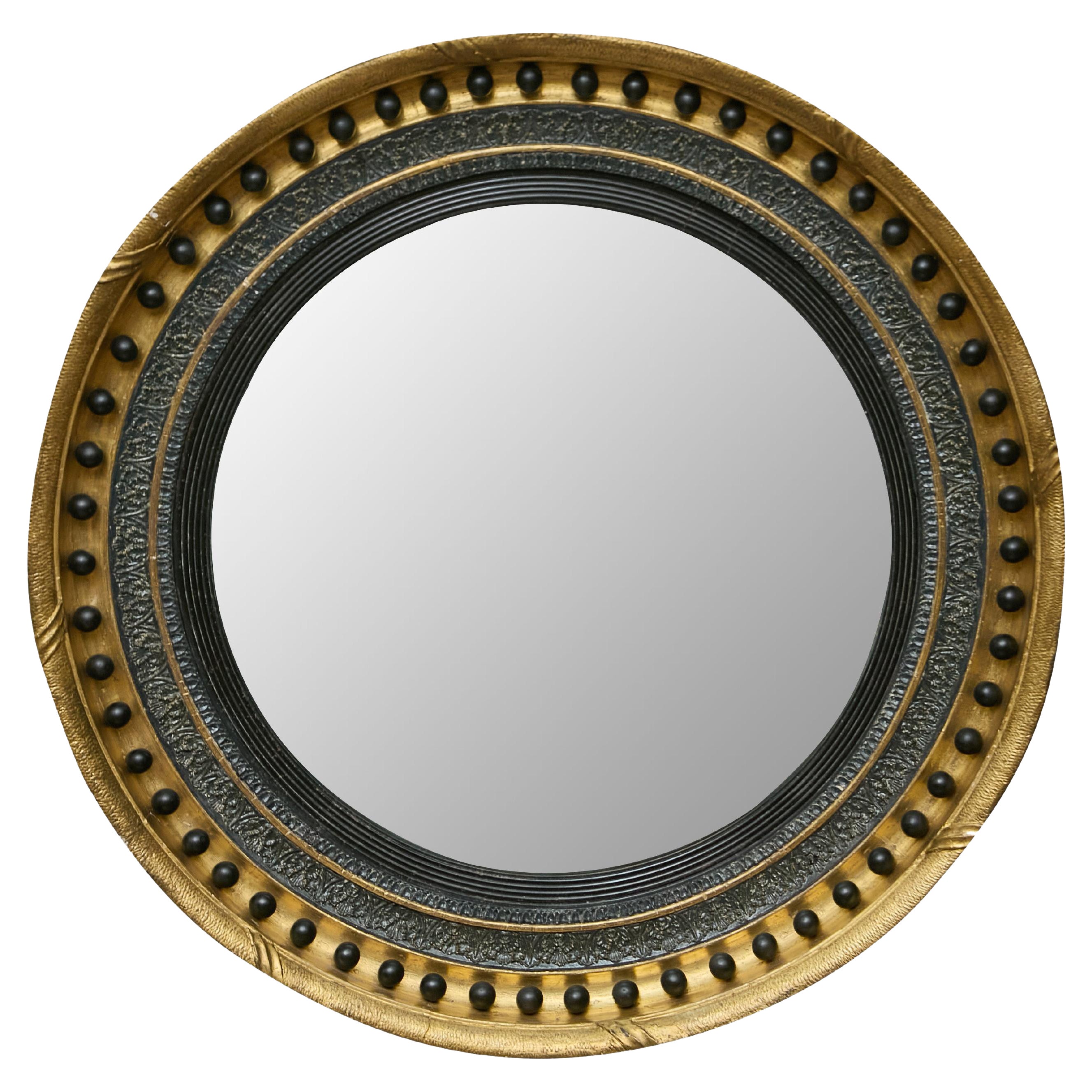 English Giltwood Convex Mirror with Ebonized Bosses, 19th Century
