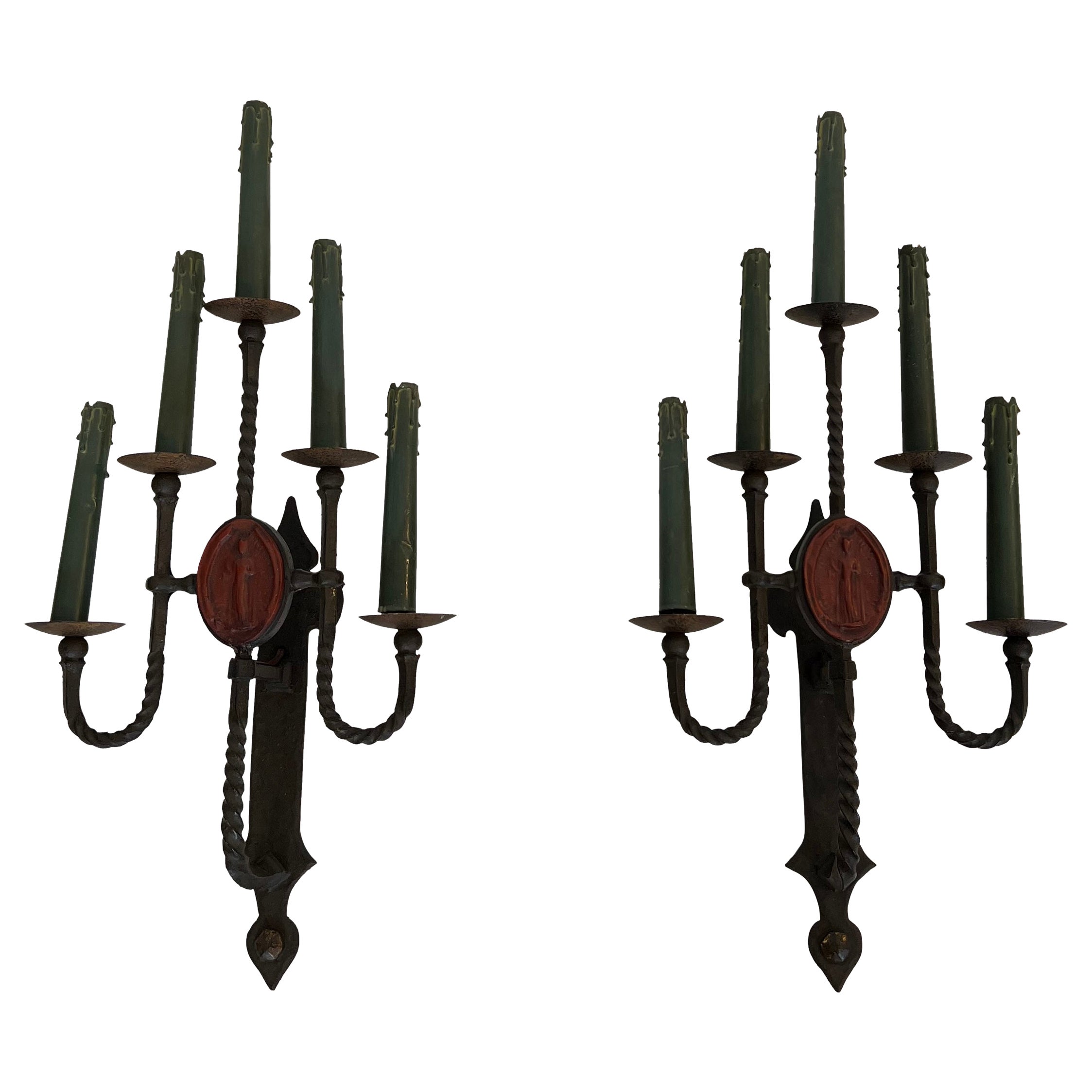 Large pair of wrought iron wall lights with 5 Arms comprising coat of arms