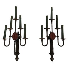 Large pair of wrought iron wall lights with 5 Arms comprising coat of arms