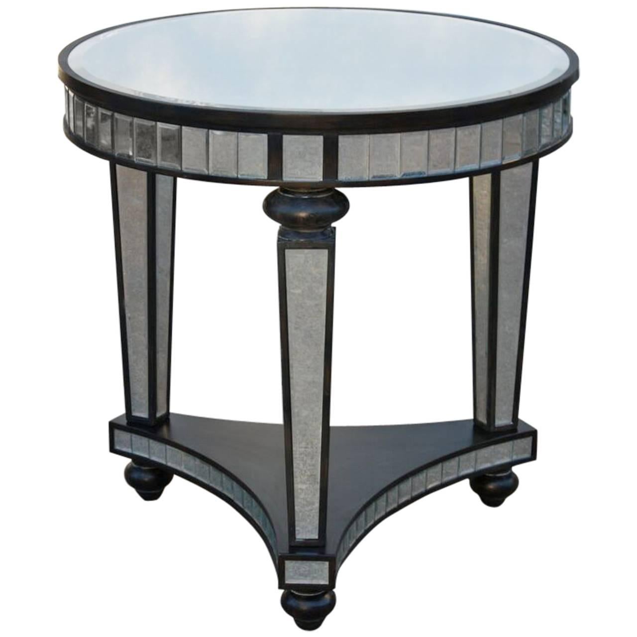 1980s Mirror Panel Ebonized Wood Frame Small Round  Side Table For Sale