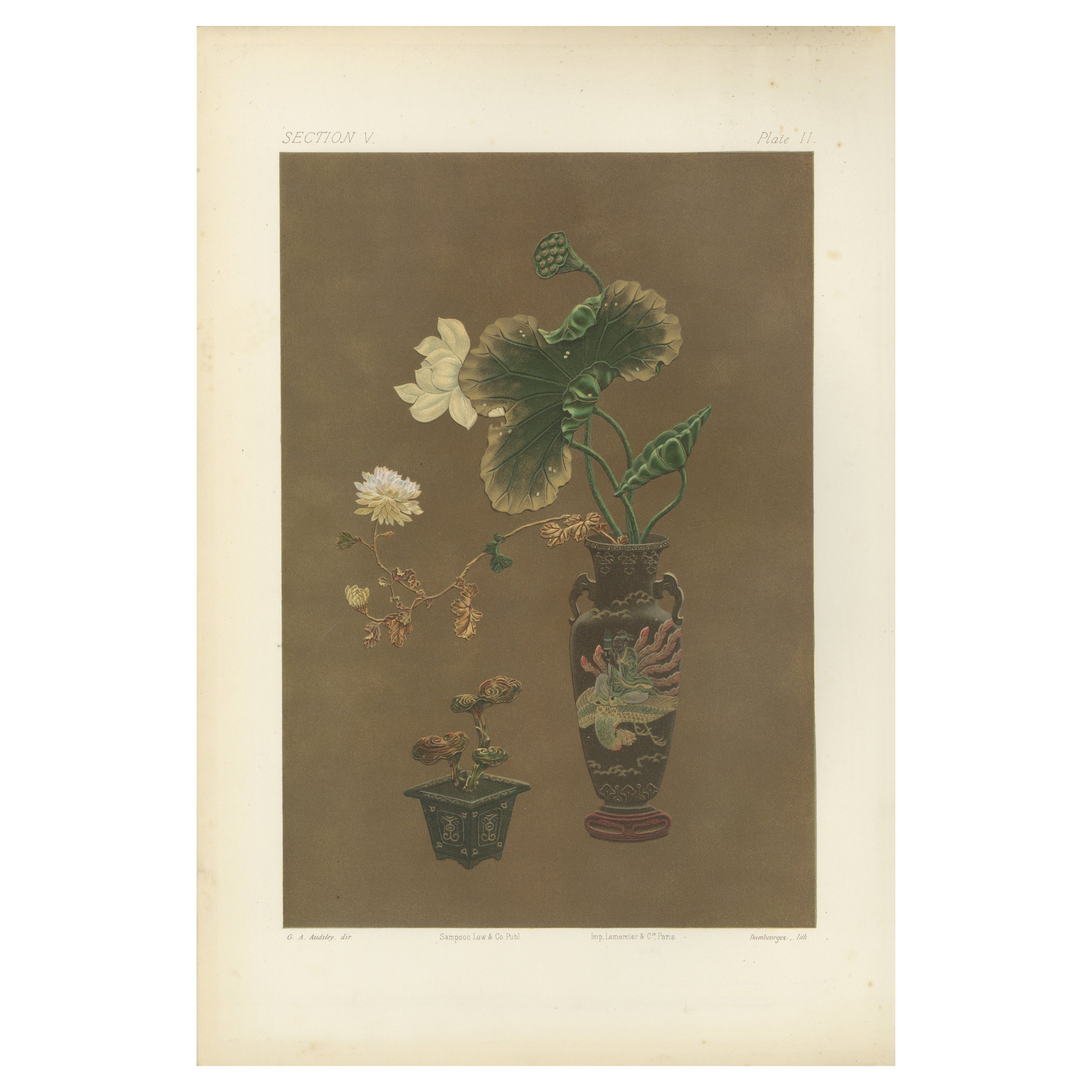 Squisita litografia colorata a mano di Art Decor giapponese, 1884