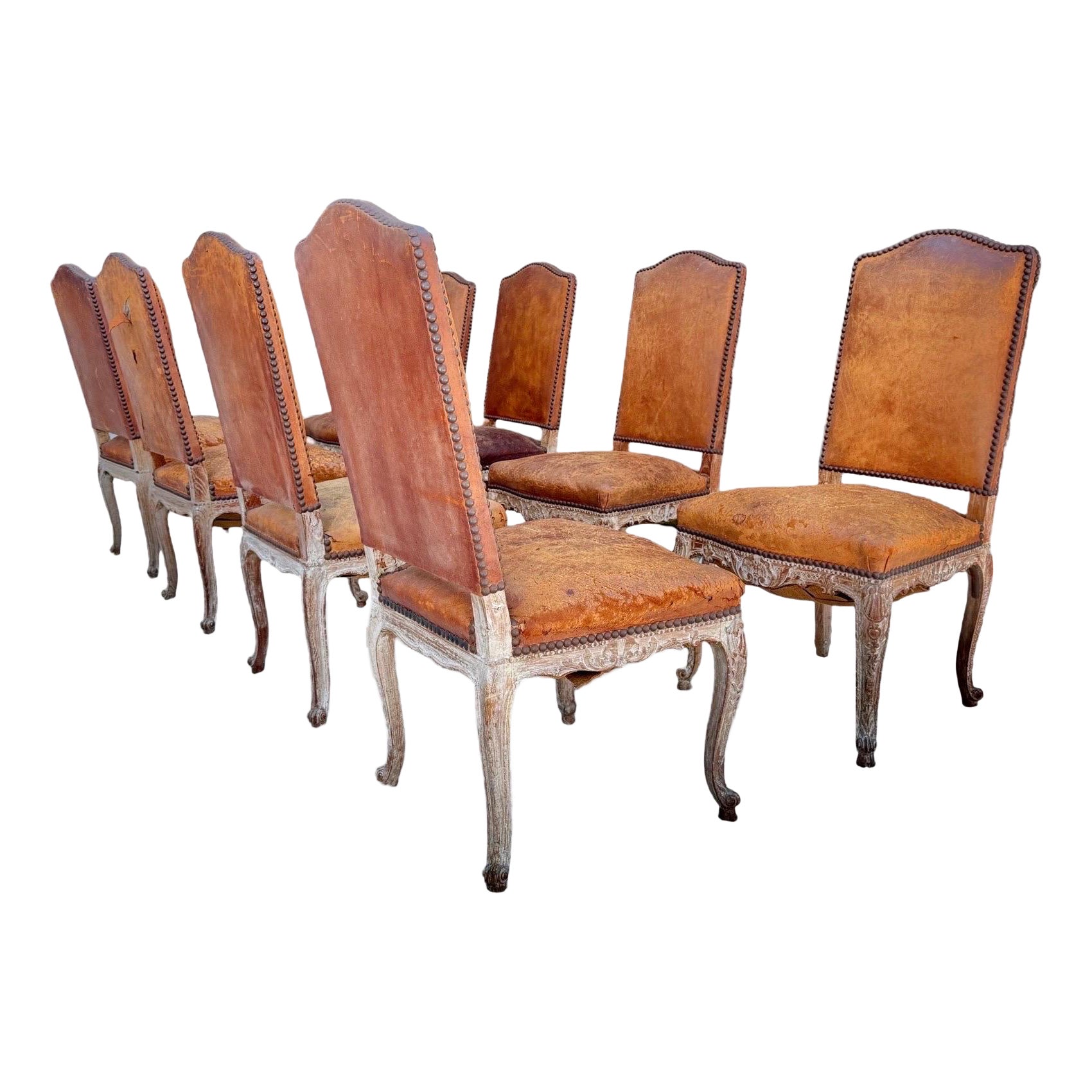1880 Louis XV set of 8 dining chairs made of cerused walnut - France