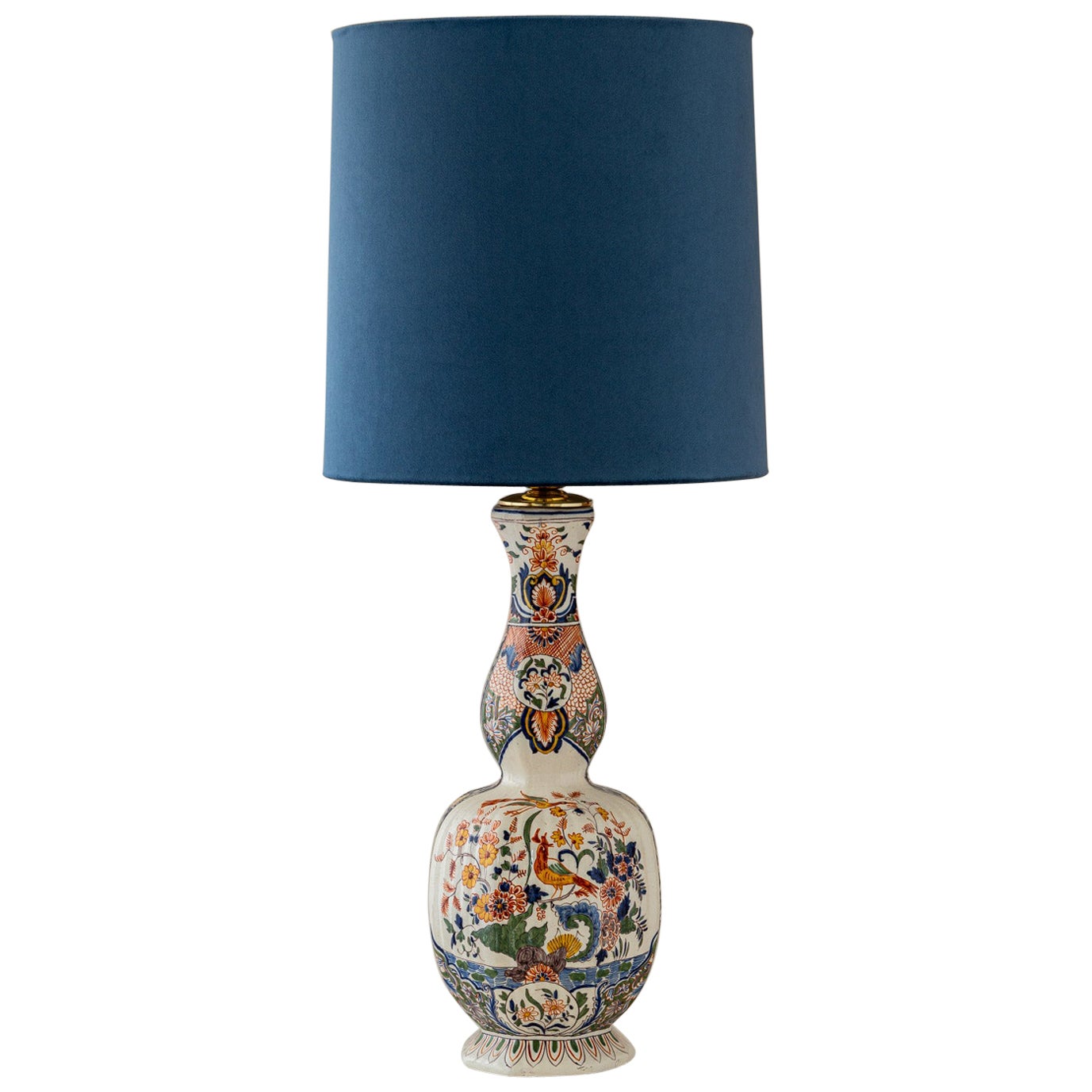 Lámpara de mesa Desvres de loza de Delft (1850) de Louis Fourmaintraux, pantalla de terciopelo nuevo