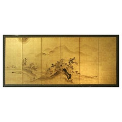 Japanese Screen Landscape on Gold Leaf with Inks