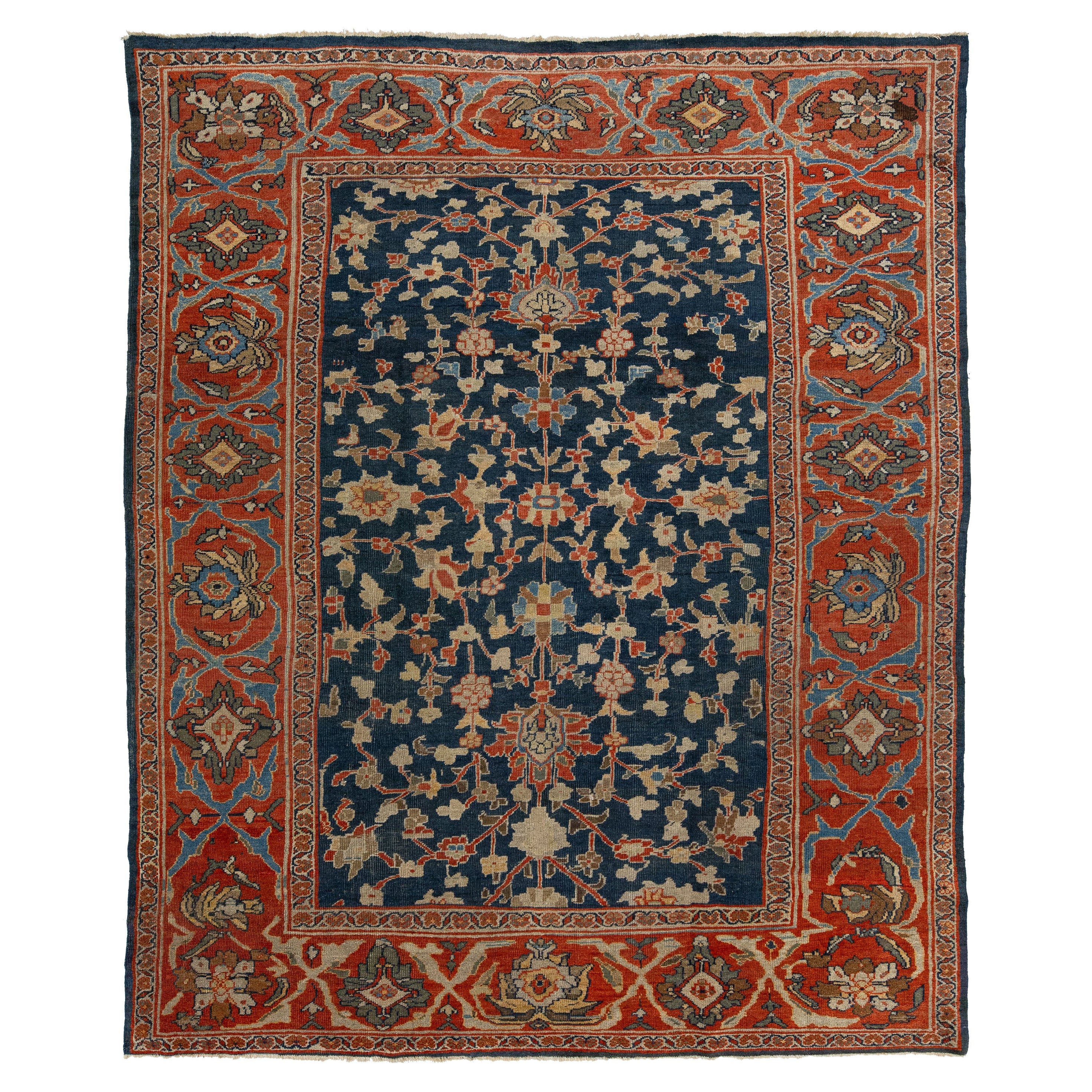 Tappeto antico persiano Sultanabad Rugs blu del 1880 fatto a mano con design/One