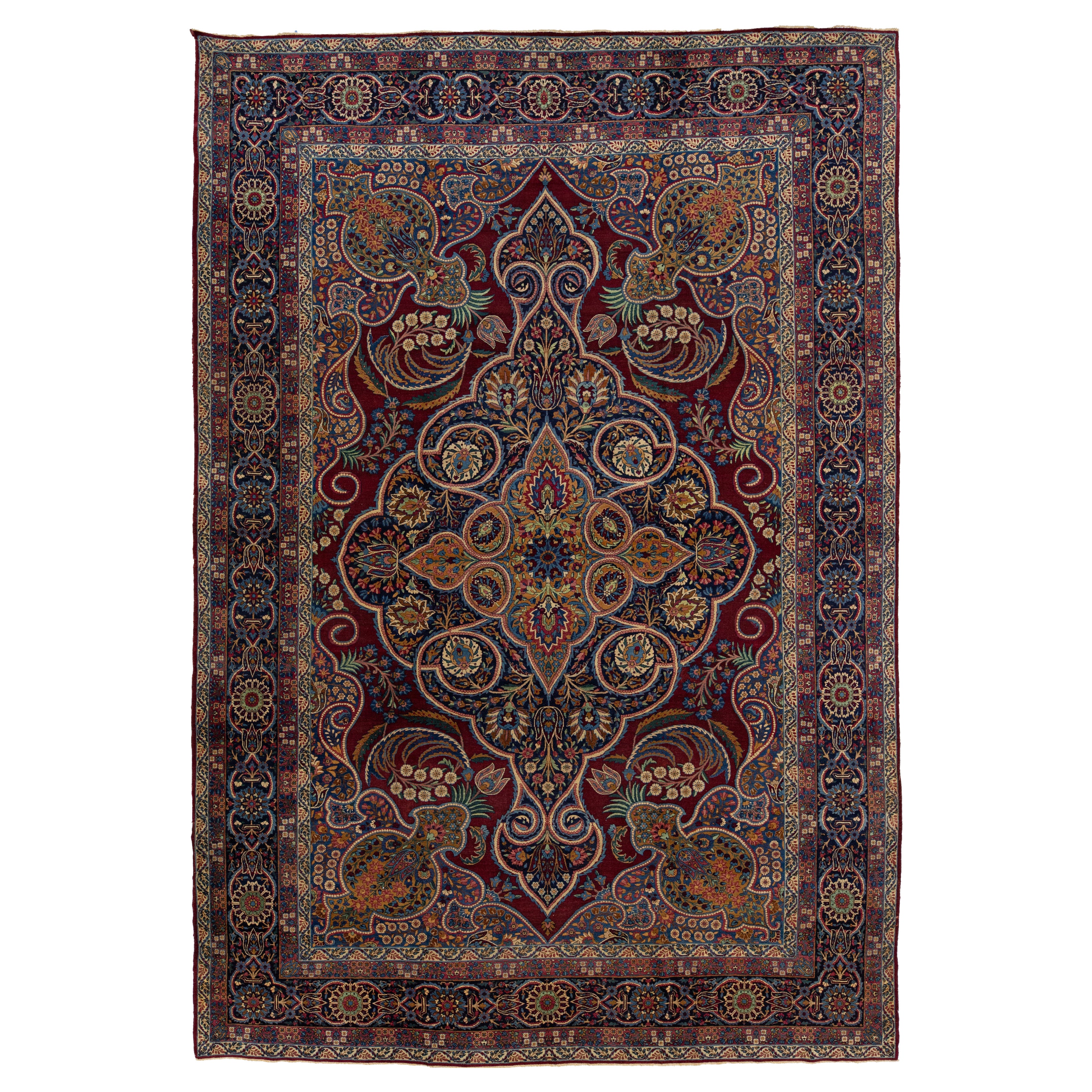 Antique Kerman Persian Red Wool Rug with a Multicolored Floral Design