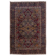 Alfombra Persa Antigua Kerman de Lana Roja con Diseño Floral Multicolor