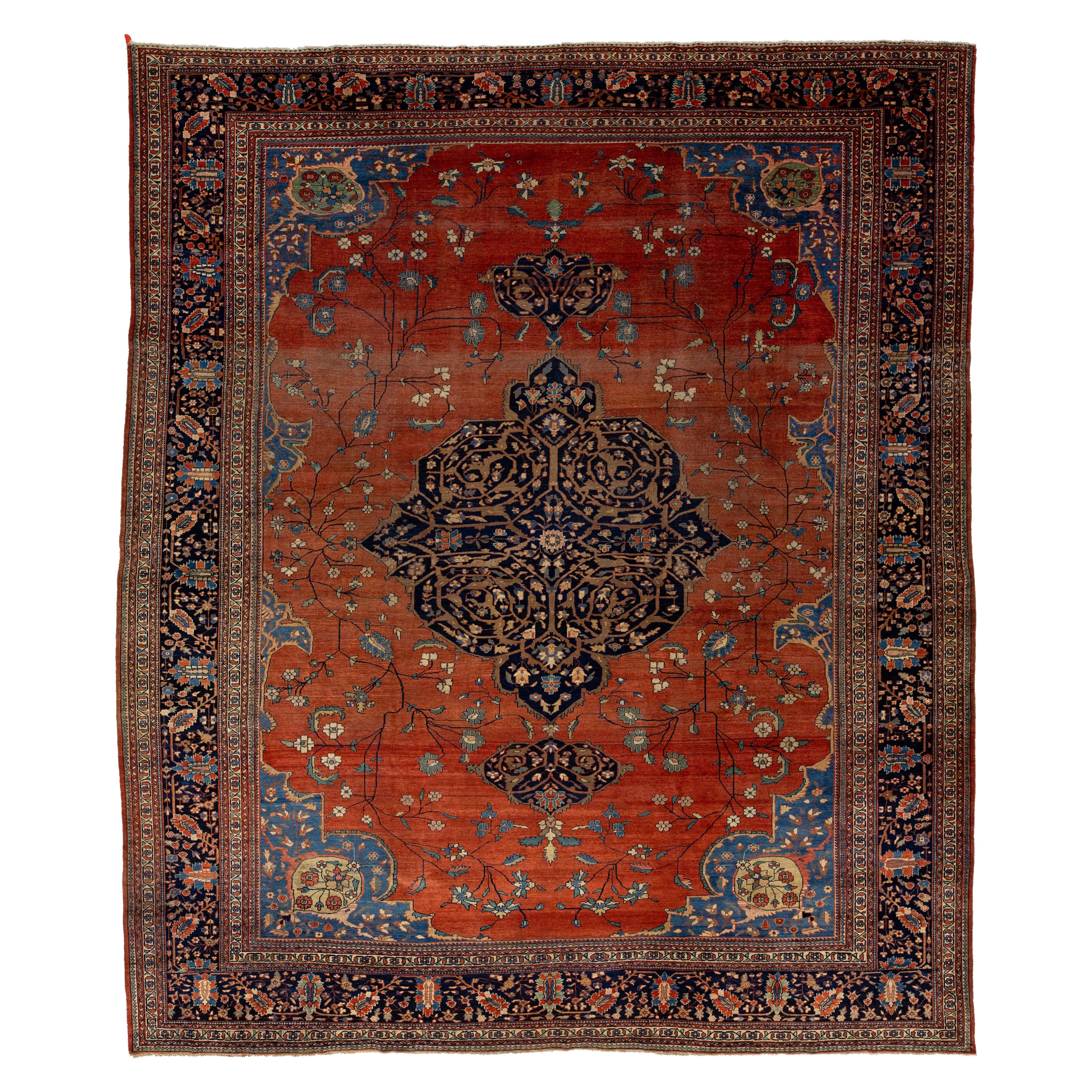 Alfombra persa antigua de lana Farahan de 1880 hecha a mano en óxido con diseño de medallón