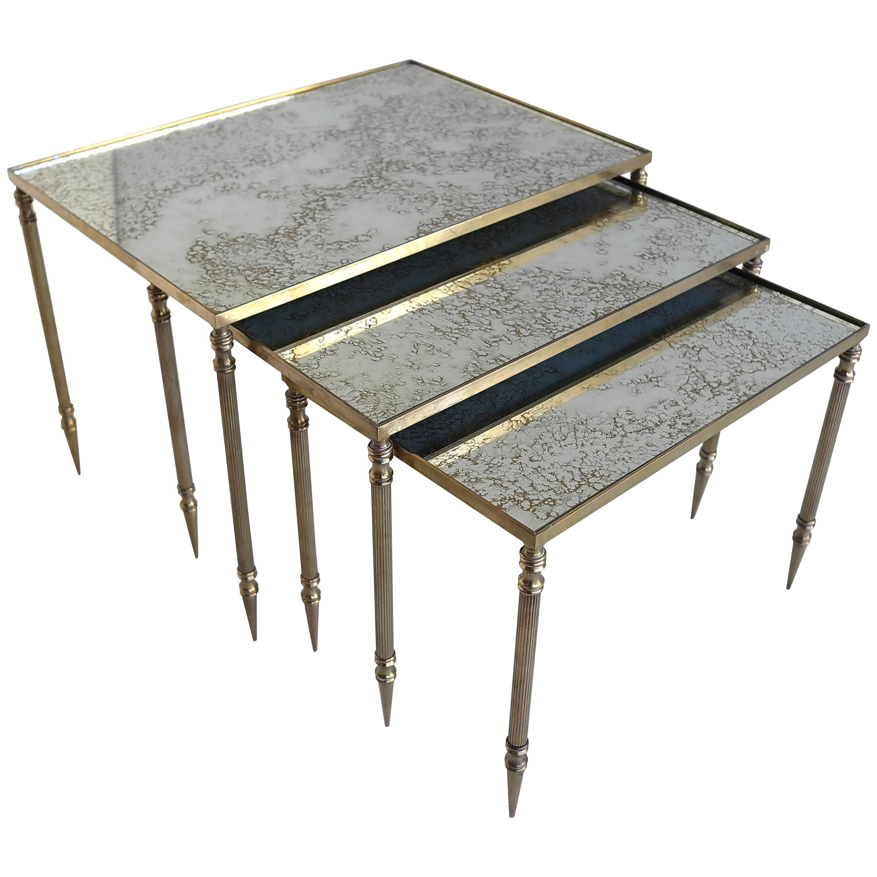 Nesting Tables in Brass with Mirrored Top by Maison Jansen France