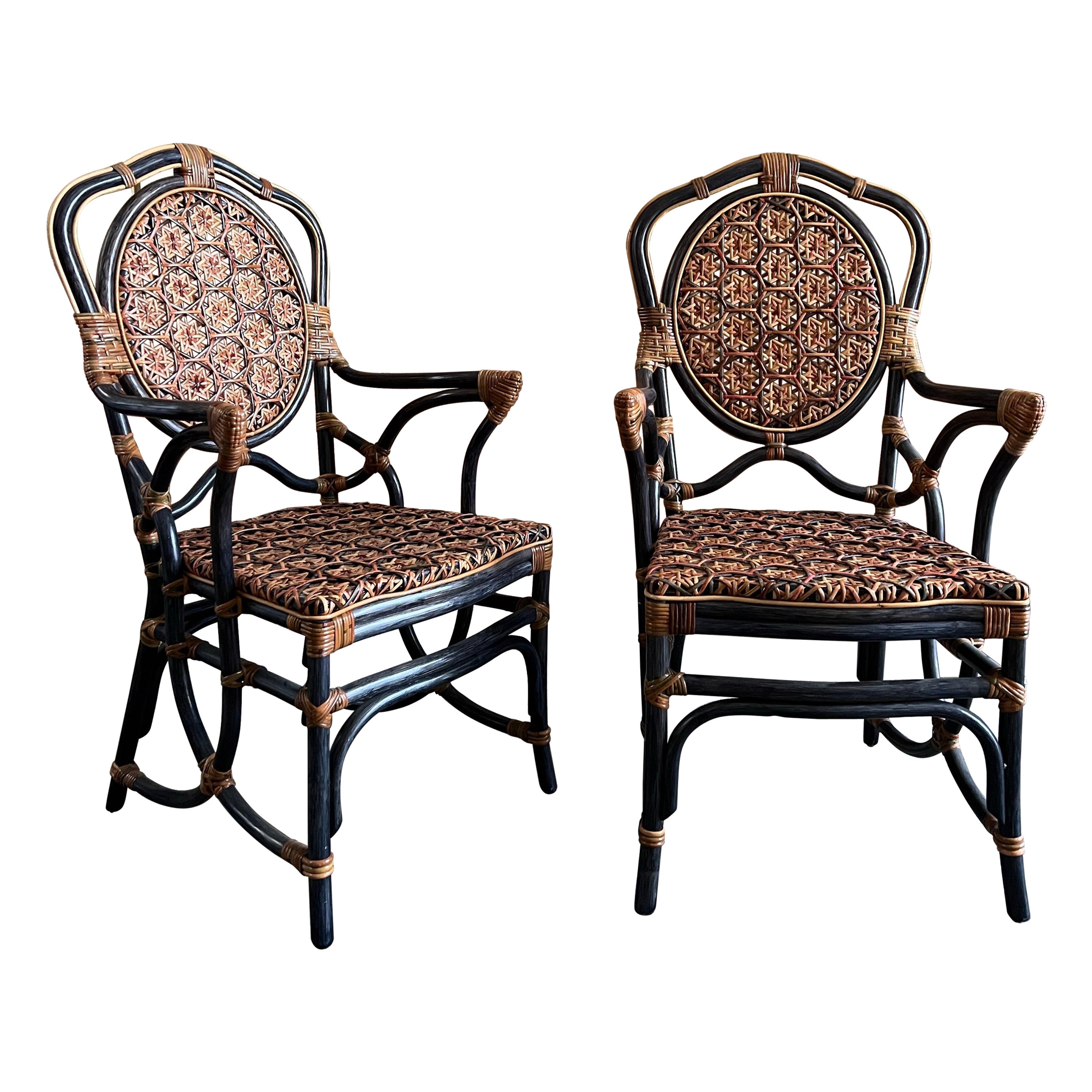 pair of mid-century modern rattan and cane chairs, Italy